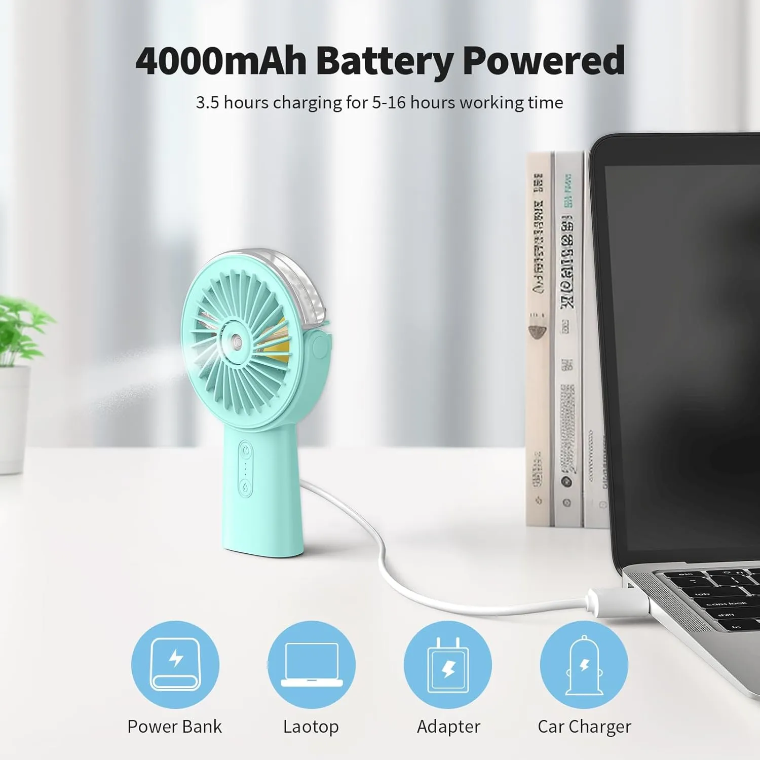 Otlonpe Handheld Misting Fan Portable, 4000mAh Rechargeable Small Personal Water Spray Hand Held Mist Fan Battery Operated, 90 Rotatable, Power Bank for Travel Home Office Men Women Kids (Green)