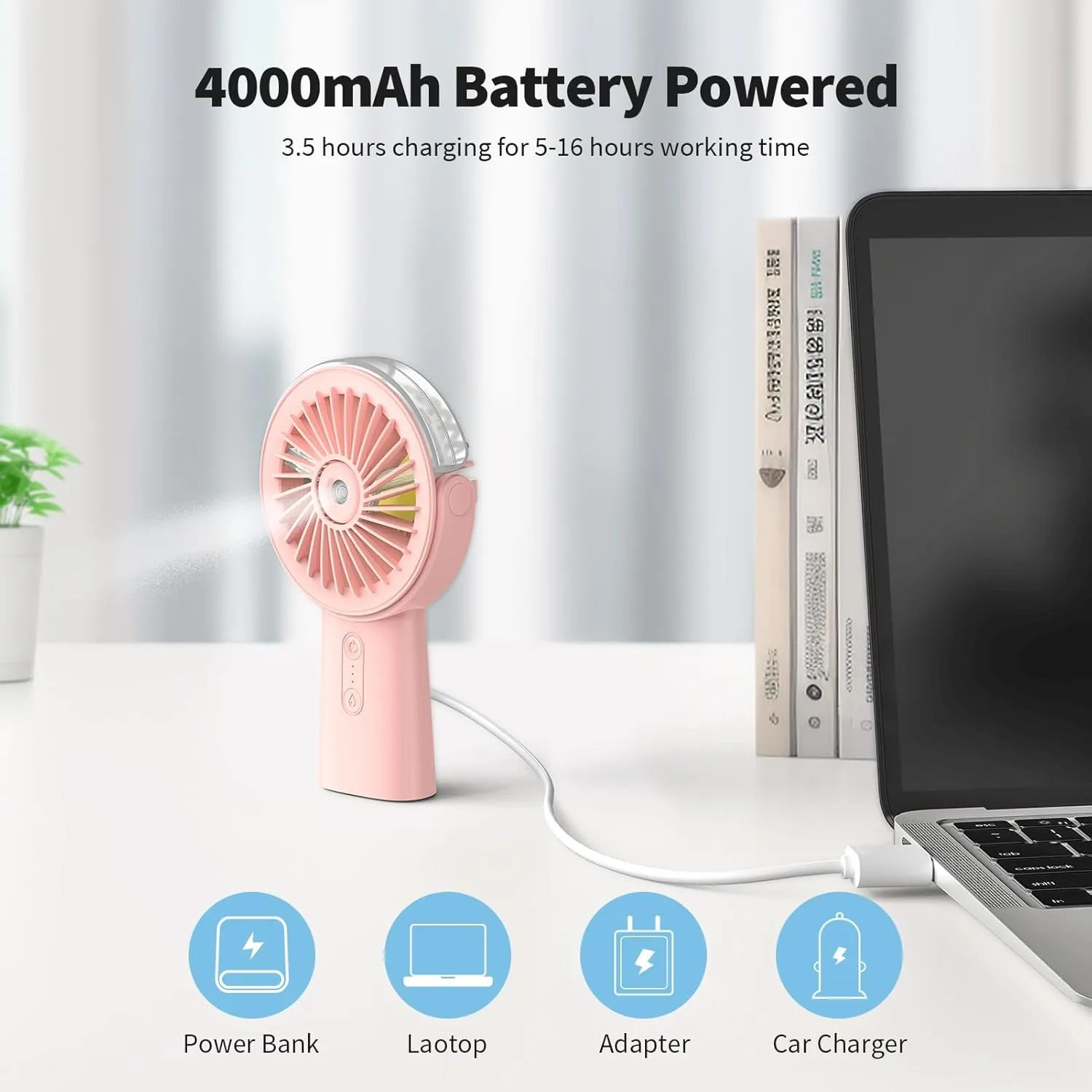 Otlonpe Handheld Misting Fan Portable, 4000mAh Rechargeable Small Personal Water Spray Hand Held Mist Fan Battery Operated, 90 Rotatable, Power Bank for Travel Home Office Men Women Kids (Pink)