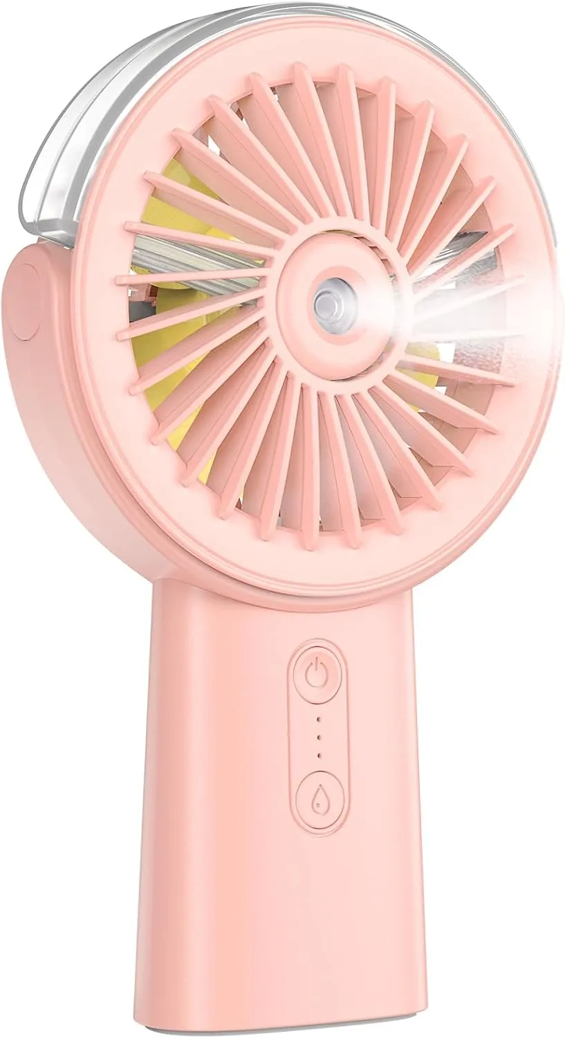 Otlonpe Handheld Misting Fan Portable, 4000mAh Rechargeable Small Personal Water Spray Hand Held Mist Fan Battery Operated, 90 Rotatable, Power Bank for Travel Home Office Men Women Kids (Pink) Mini handheld fan for personal cooling