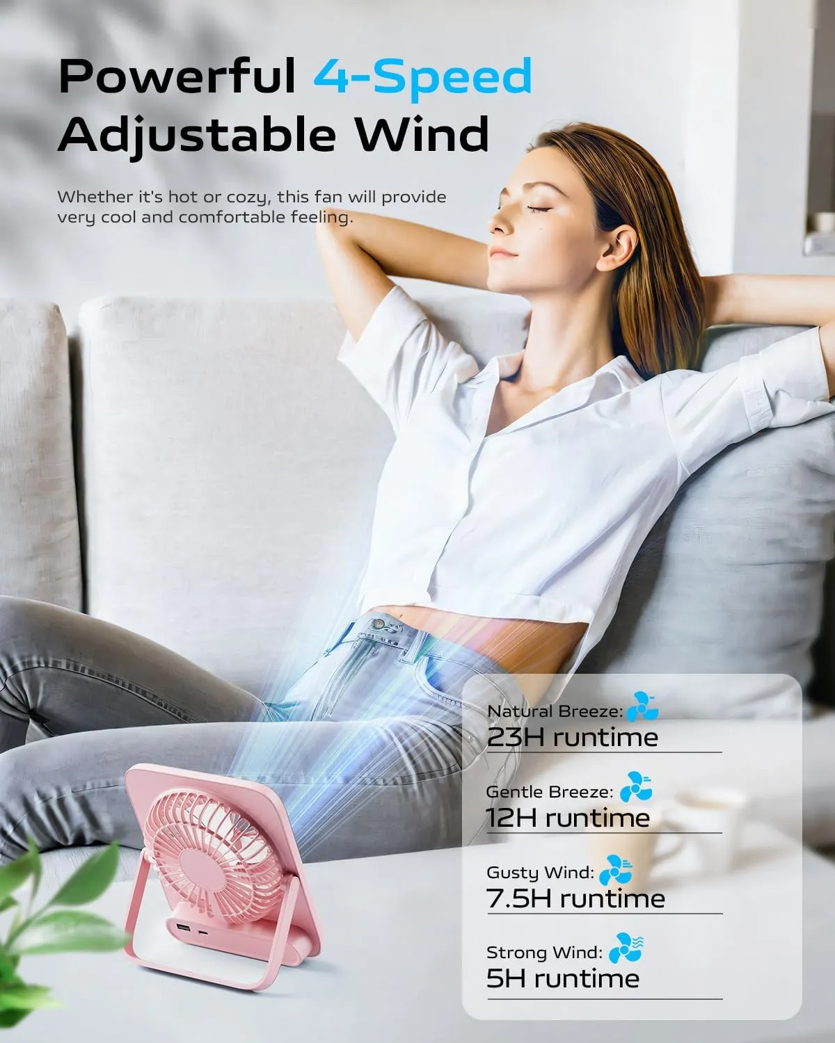 Otlonpe Rechargeable Portable Desk Fan, 6.5 Inch Small Personal Fan 4000mAh Battery Operated & USB Powered, Slim Silent, Foldable, 4 Speeds for Travel Office Indoor Outdoor Table Desktop (Pink)
