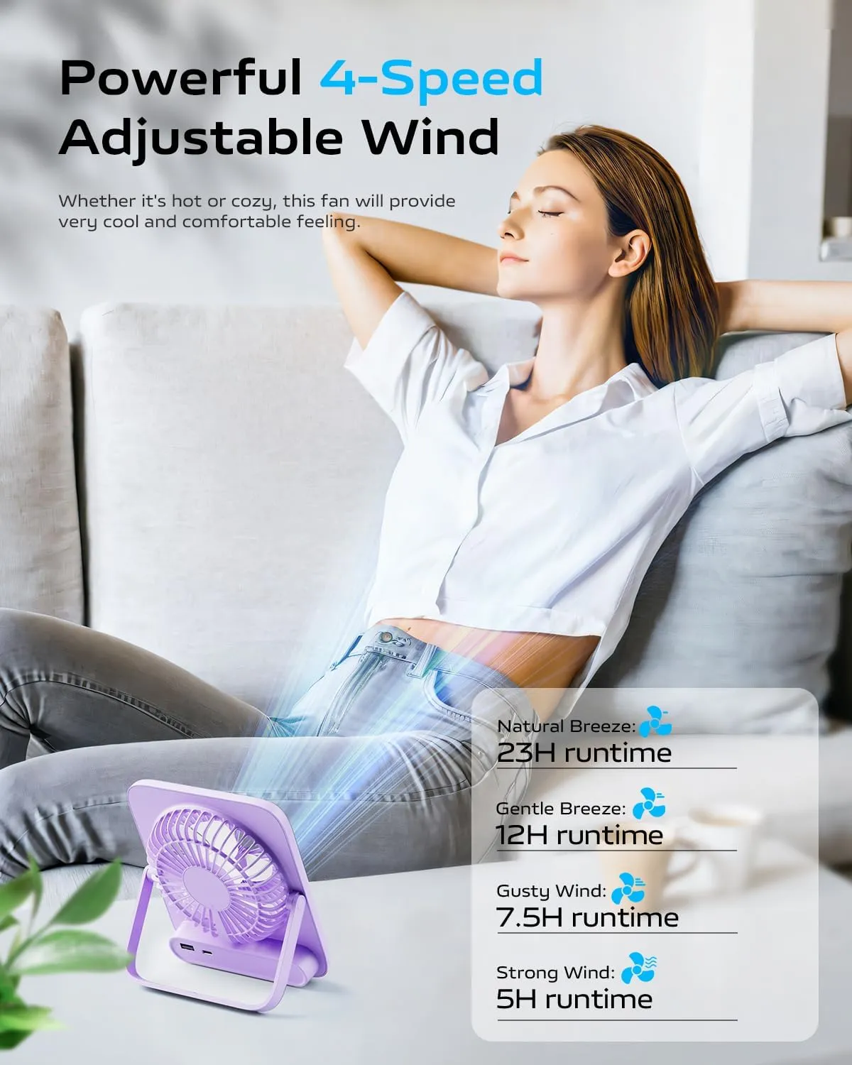 Otlonpe Rechargeable Portable Desk Fan, 6.5 Inch Small Personal Fan 4000mAh Battery Operated & USB Powered, Slim Silent, Foldable, 4 Speeds for Travel Office Indoor Outdoor Table Desktop (Purple)