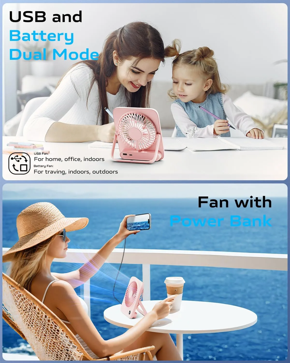 Otlonpe Small Desk Fan 6.5 Inch, 4000mAh Rechargeable Portable Fan for Travel, Slim Quiet, 7.5-22H Battery Operated, 4-Speed, 180 Folding, Personal Cooling for Indoor Outdoor Desktop
