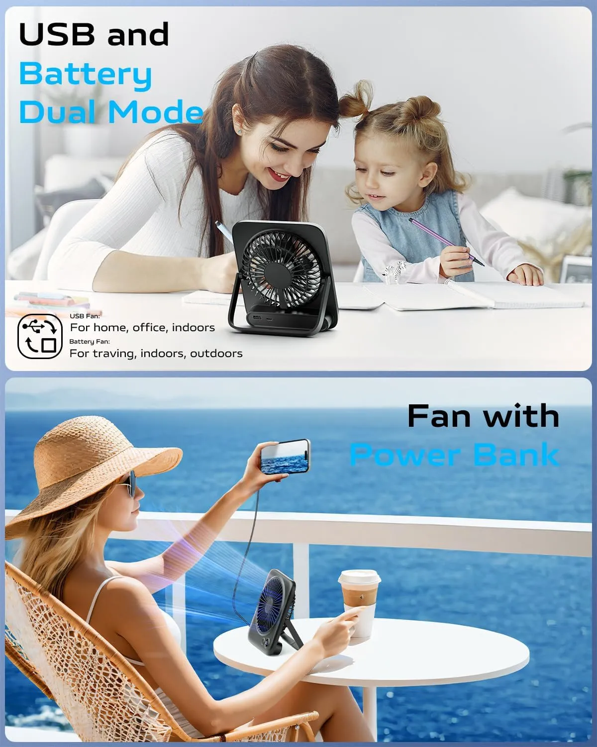 Otlonpe Small Desk Fan Quiet, 4000mAh Personal Rechargeable Portable Fan for Travel, Led Display, Battery Operated and USB Powered, Foldable, 4 Speeds for Indoor Outdoor Table Desktop (6.5 Inch Black)