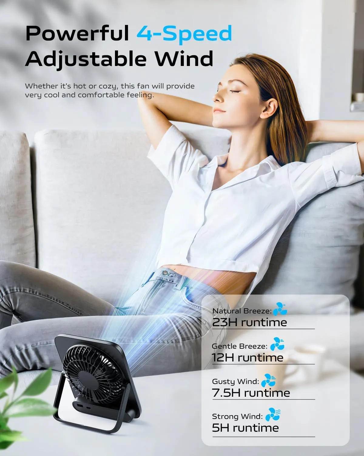 Otlonpe Small Desk Fan Quiet, 4000mAh Personal Rechargeable Portable Fan for Travel, Led Display, Battery Operated and USB Powered, Foldable, 4 Speeds for Indoor Outdoor Table Desktop (6.5 Inch Black)