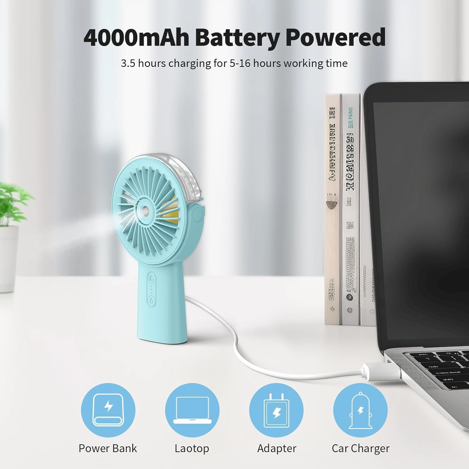 Otlonpe Handheld Misting Fan Portable, 4000mAh Rechargeable Small Personal Water Spray Hand Held Mist Fan Battery Operated, 90 Rotatable, Power Bank for Travel Home Office Men Women Kids (Blue)