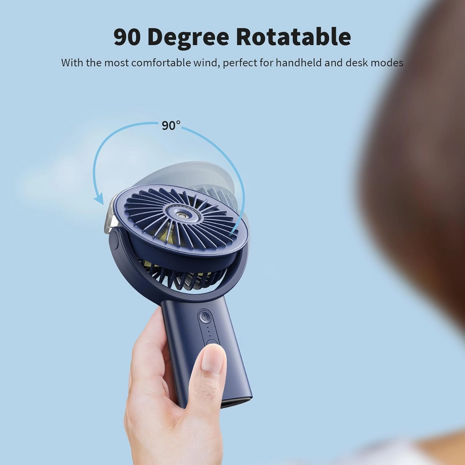 Otlonpe Handheld Misting Fan Portable, 4000mAh Rechargeable Small Personal Water Spray Hand Held Mist Fan Battery Operated, 90 Rotatable, Power Bank for Travel Home Office Men Women Kids (Blue)