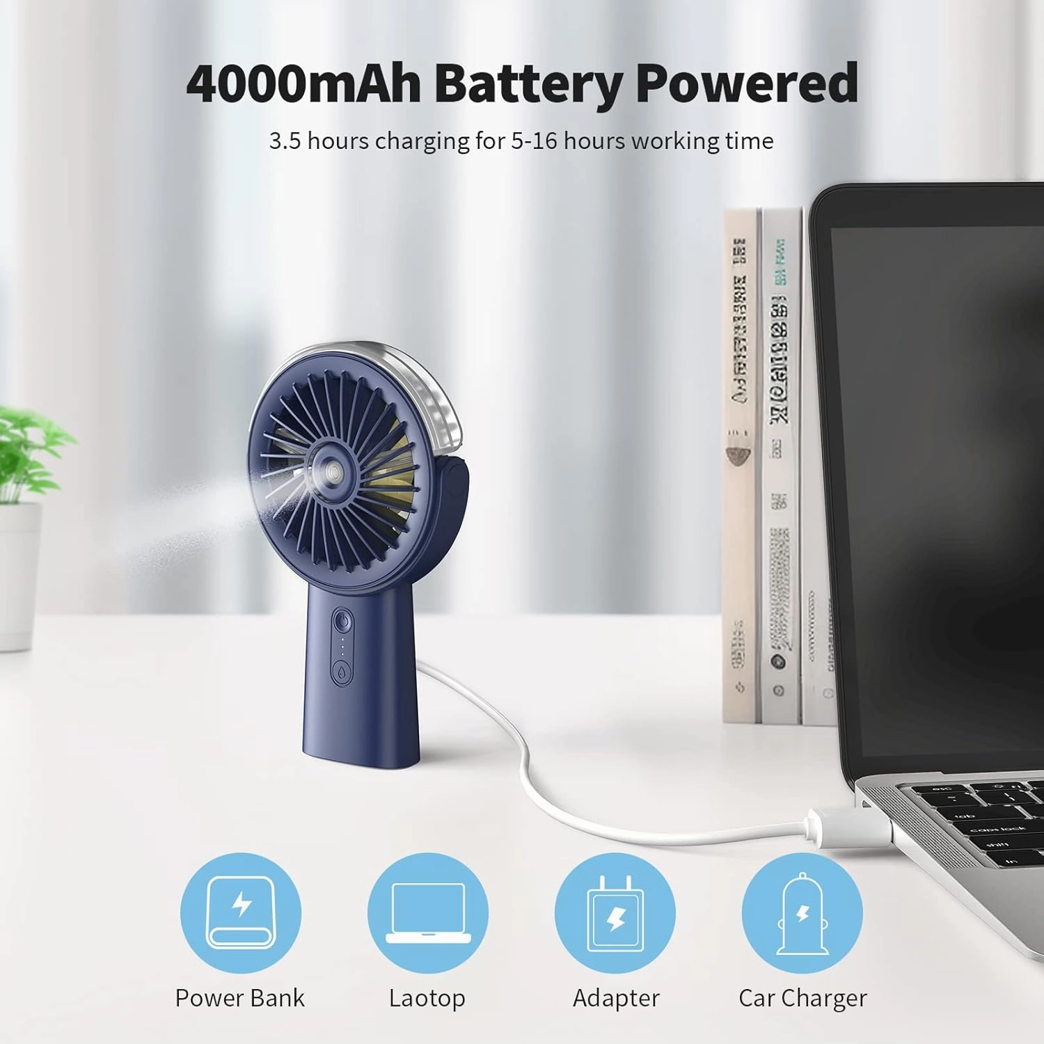 Otlonpe Handheld Misting Fan Portable, 4000mAh Rechargeable Small Personal Water Spray Hand Held Mist Fan Battery Operated, 90 Rotatable, Power Bank for Travel Home Office Men Women Kids (Blue)