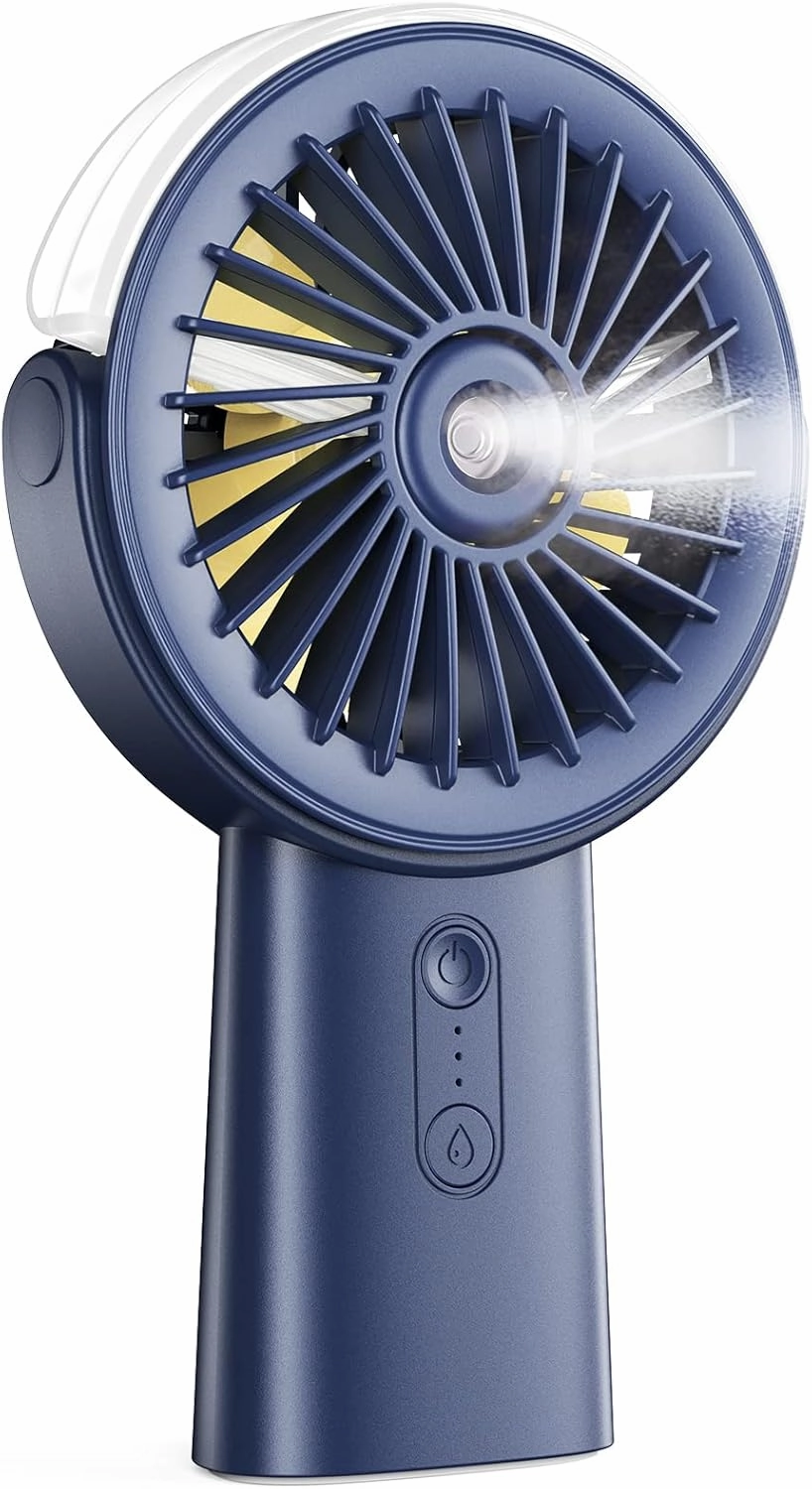 Otlonpe Handheld Misting Fan Portable, 4000mAh Rechargeable Small Personal Water Spray Hand Held Mist Fan Battery Operated, 90 Rotatable, Power Bank for Travel Home Office Men Women Kids (Blue) Mini handheld fan for personal cooling