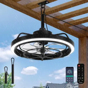 Outdoor Ceiling Fan with Light for Patio, 20" Waterproof All-Weather Plug-in Hanging Fan, Smart APP/Remote Control, 3CCT Dimmable LED, Caged Design for Gazebo, Pergola, Porch App-controlled remote fan for convenience