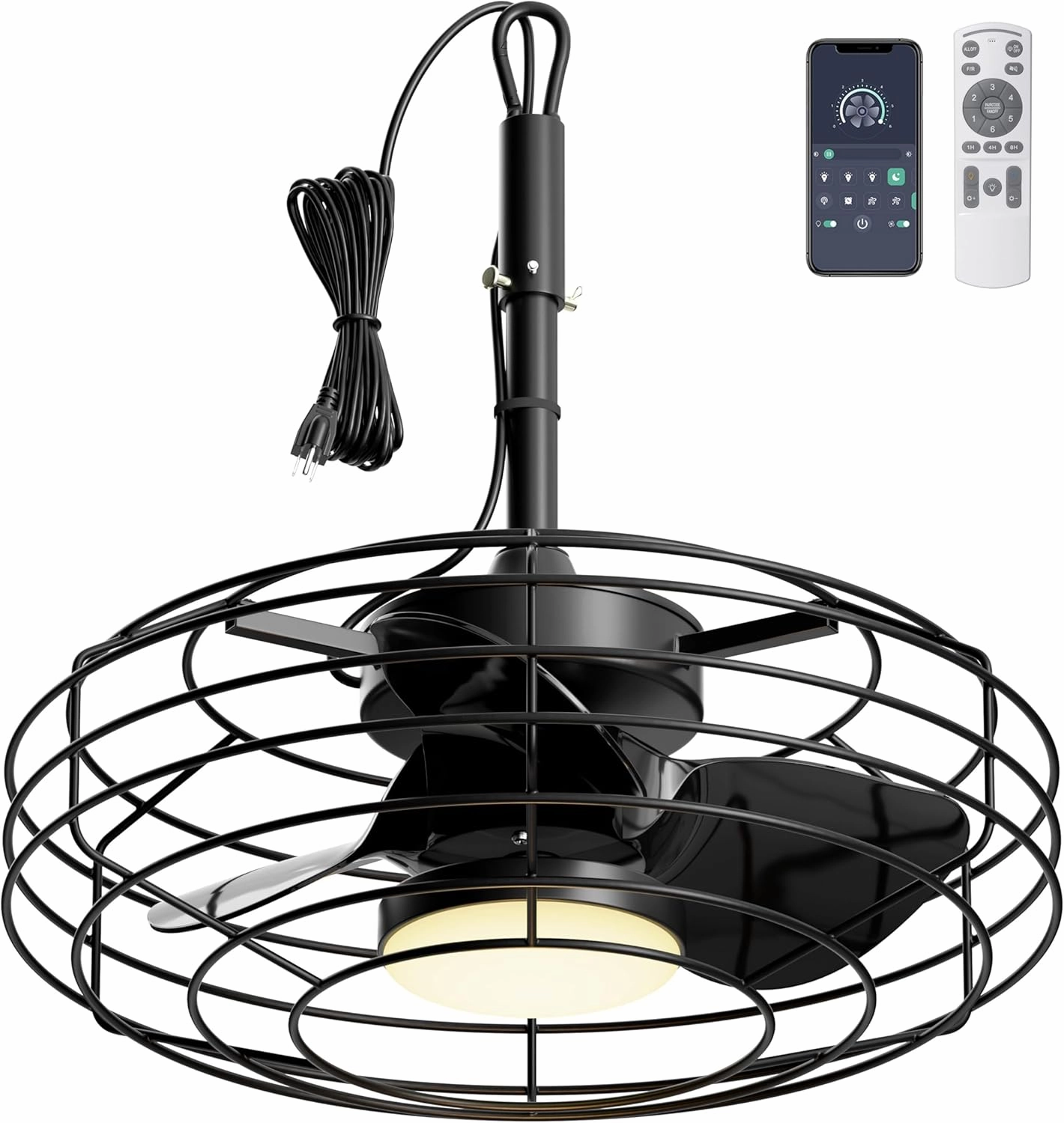 Outdoor Ceiling Fans with Light for Patios, 20'' Wet Rated Gazebo Fan Remote&APP Control, Dimmable Hanging Fan with Plug in Cord for Pergola, Black App-controlled remote fan for convenience