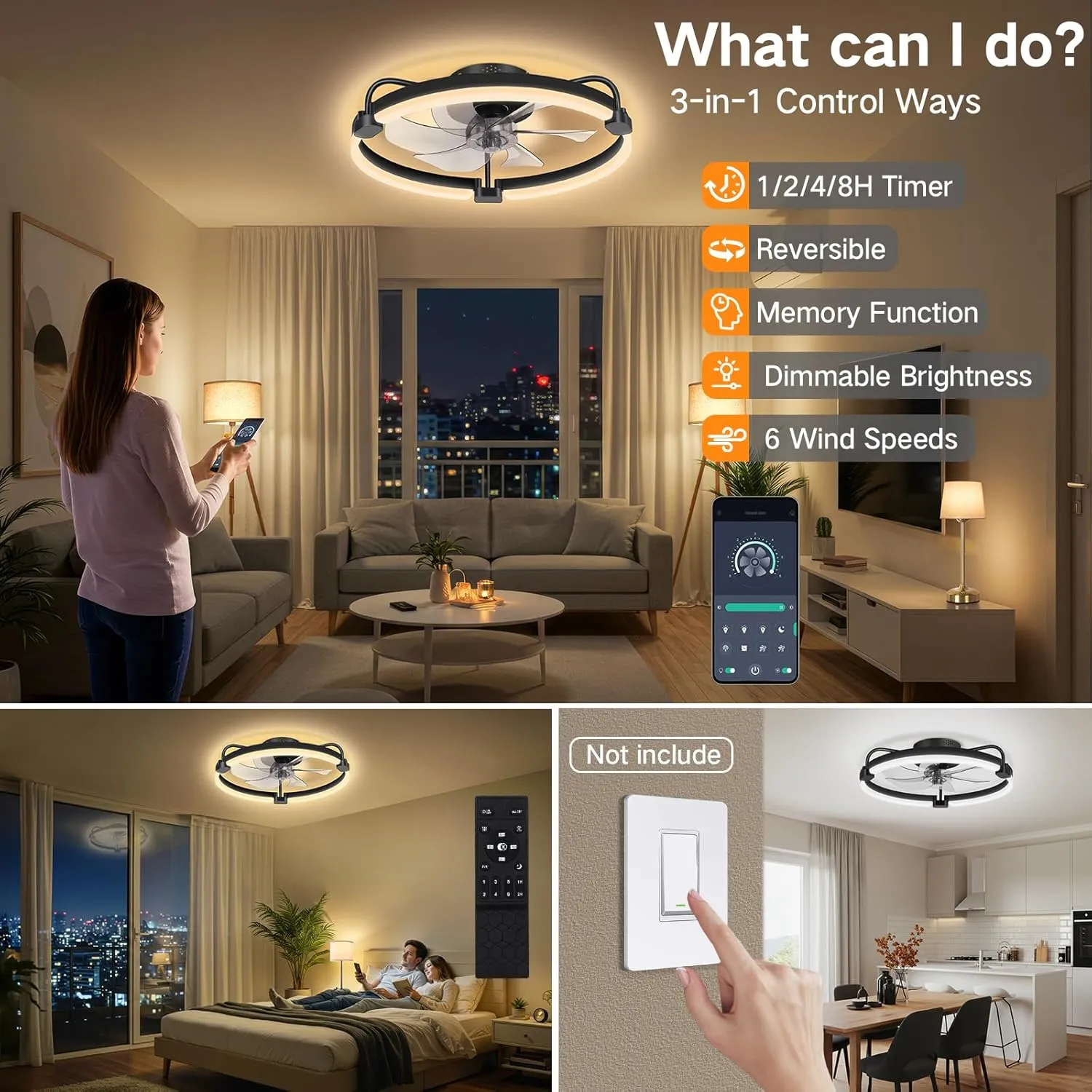 OUTON 20" Ceiling Fan with Light, Remote & App Control, Fandelier Low Profile Flush Mount Ceiling Fan with 3000K-6500K Stepless Dimmable, 6 Speed, Quiet DC Motor, Small Modern Ceiling Fans for Bedroom