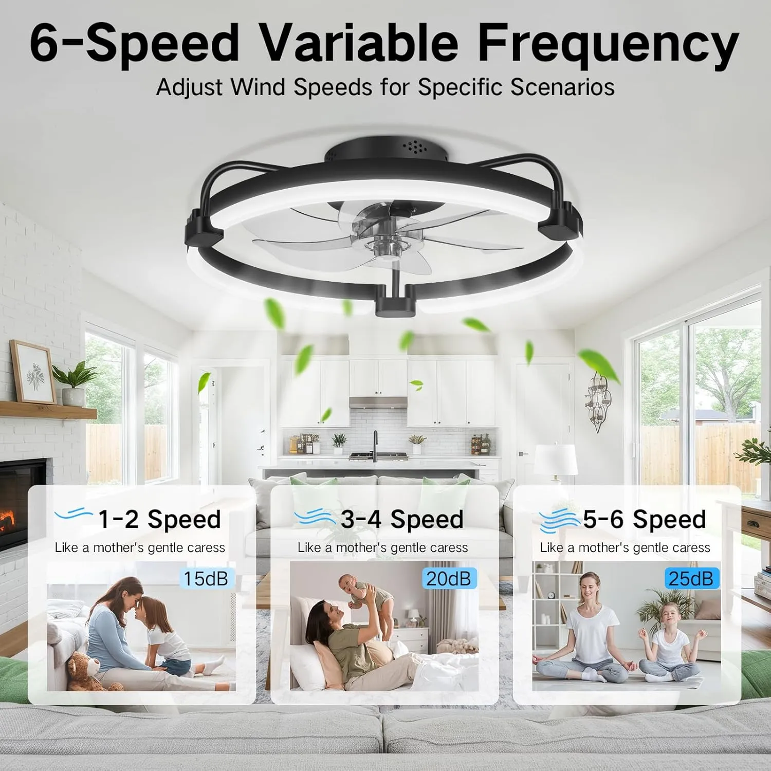 OUTON 20" Ceiling Fan with Light, Remote & App Control, Fandelier Low Profile Flush Mount Ceiling Fan with 3000K-6500K Stepless Dimmable, 6 Speed, Quiet DC Motor, Small Modern Ceiling Fans for Bedroom