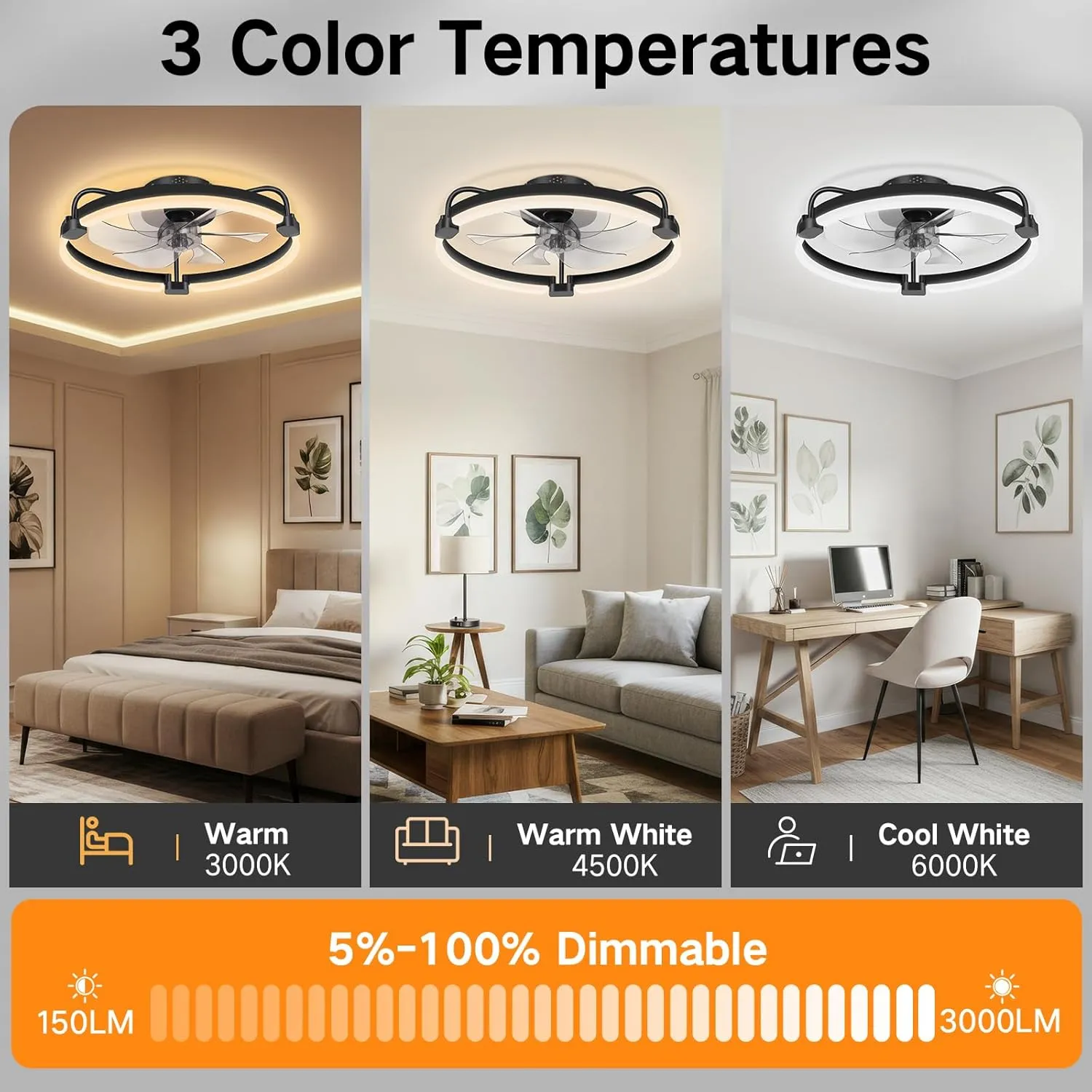 OUTON 20" Ceiling Fan with Light, Remote & App Control, Fandelier Low Profile Flush Mount Ceiling Fan with 3000K-6500K Stepless Dimmable, 6 Speed, Quiet DC Motor, Small Modern Ceiling Fans for Bedroom