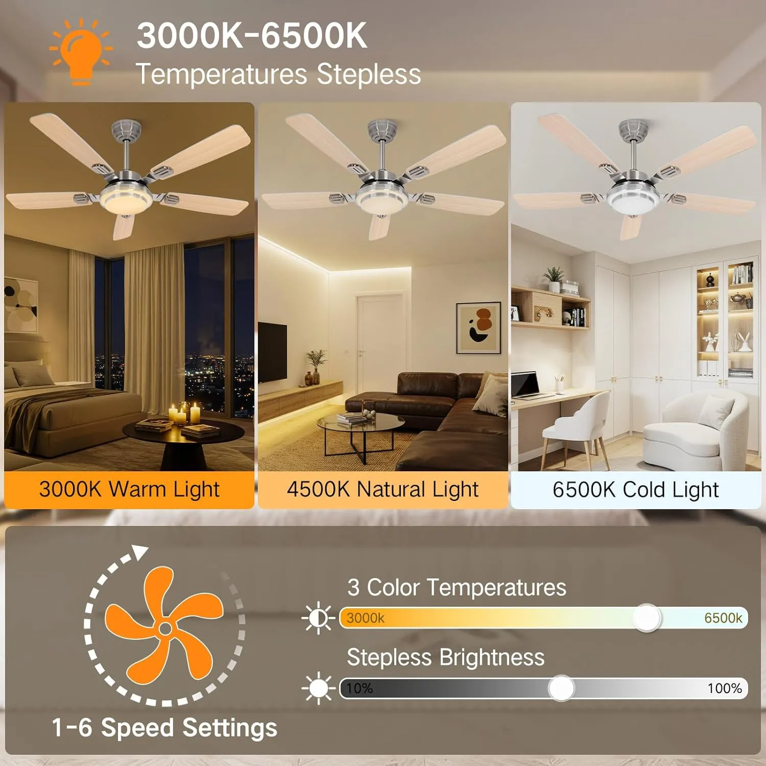 OUTON 52" Ceiling Fan with Light, Remote & APP Control, Low Profile RGB Ceiling Fans Light, Reversible, 6 Speeds, 3000-6500K Stepless Dimming, Modern Ceiling Fan for Bedroom Indoor/Outdoor Use Wood