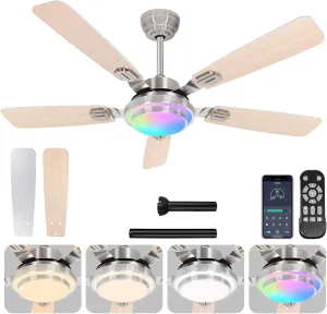 OUTON 52" Ceiling Fan with Light, Remote & APP Control, Low Profile RGB Ceiling Fans Light, Reversible, 6 Speeds, 3000-6500K Stepless Dimming, Modern Ceiling Fan for Bedroom Indoor/Outdoor Use Wood App-controlled remote fan for convenience