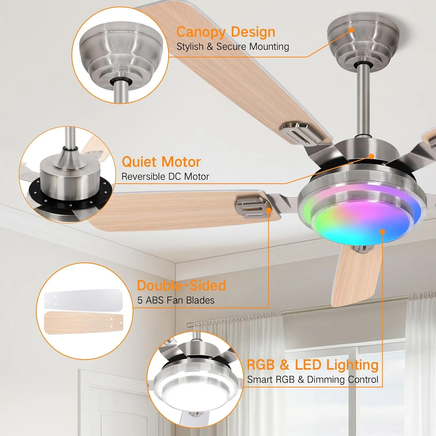 OUTON 52" Ceiling Fan with Light, Remote & APP Control, Low Profile RGB Ceiling Fans Light, Reversible, 6 Speeds, 3000-6500K Stepless Dimming, Modern Ceiling Fan for Bedroom Indoor/Outdoor Use Wood