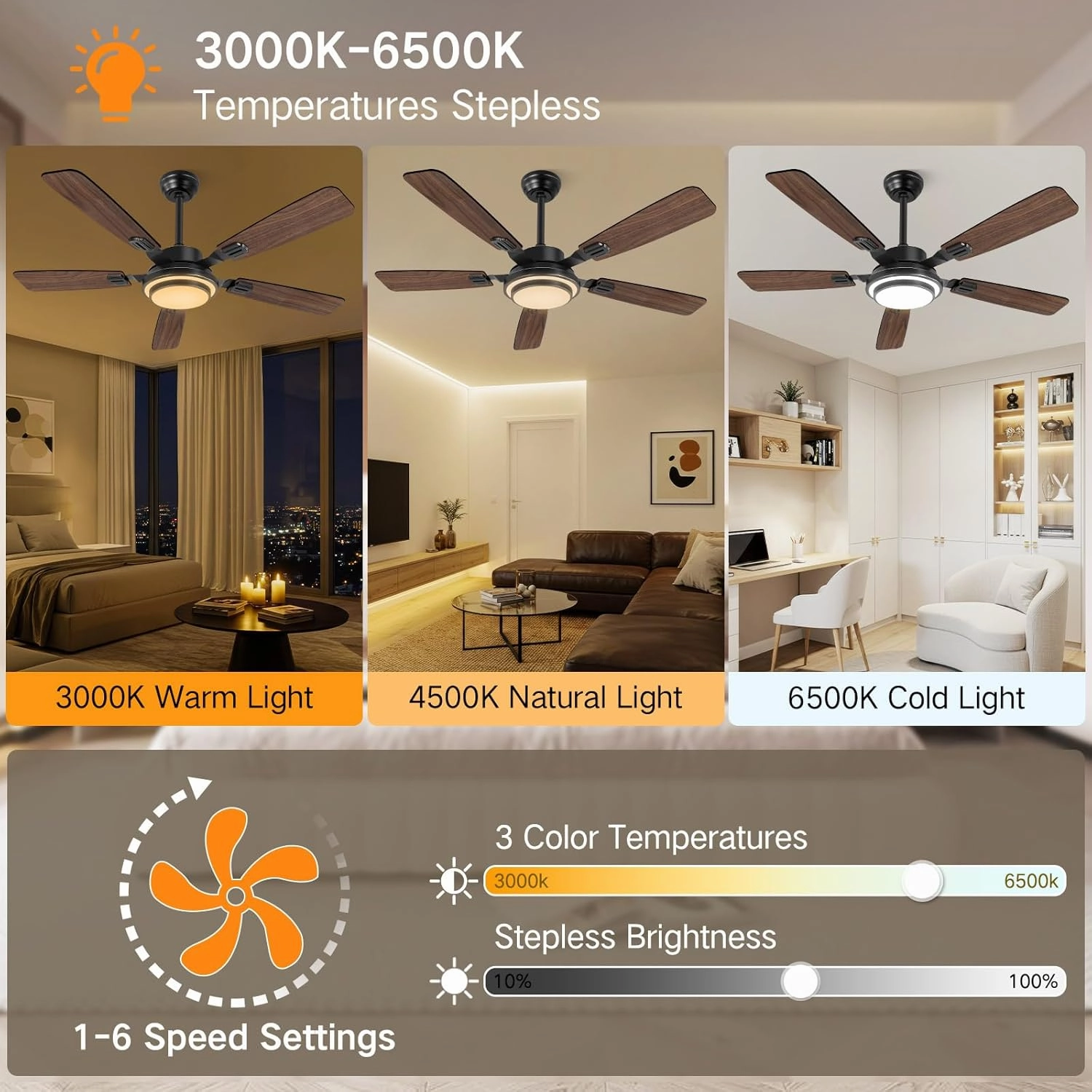 OUTON 52" Ceiling Fan with Light, Remote & APP Control, Low Profile RGB Ceiling Fans Light, Reversible, 6 Speeds, 3000-6500K Stepless Dimming, Modern Ceiling Fan for Bedroom Indoor/Outdoor Use Walnut