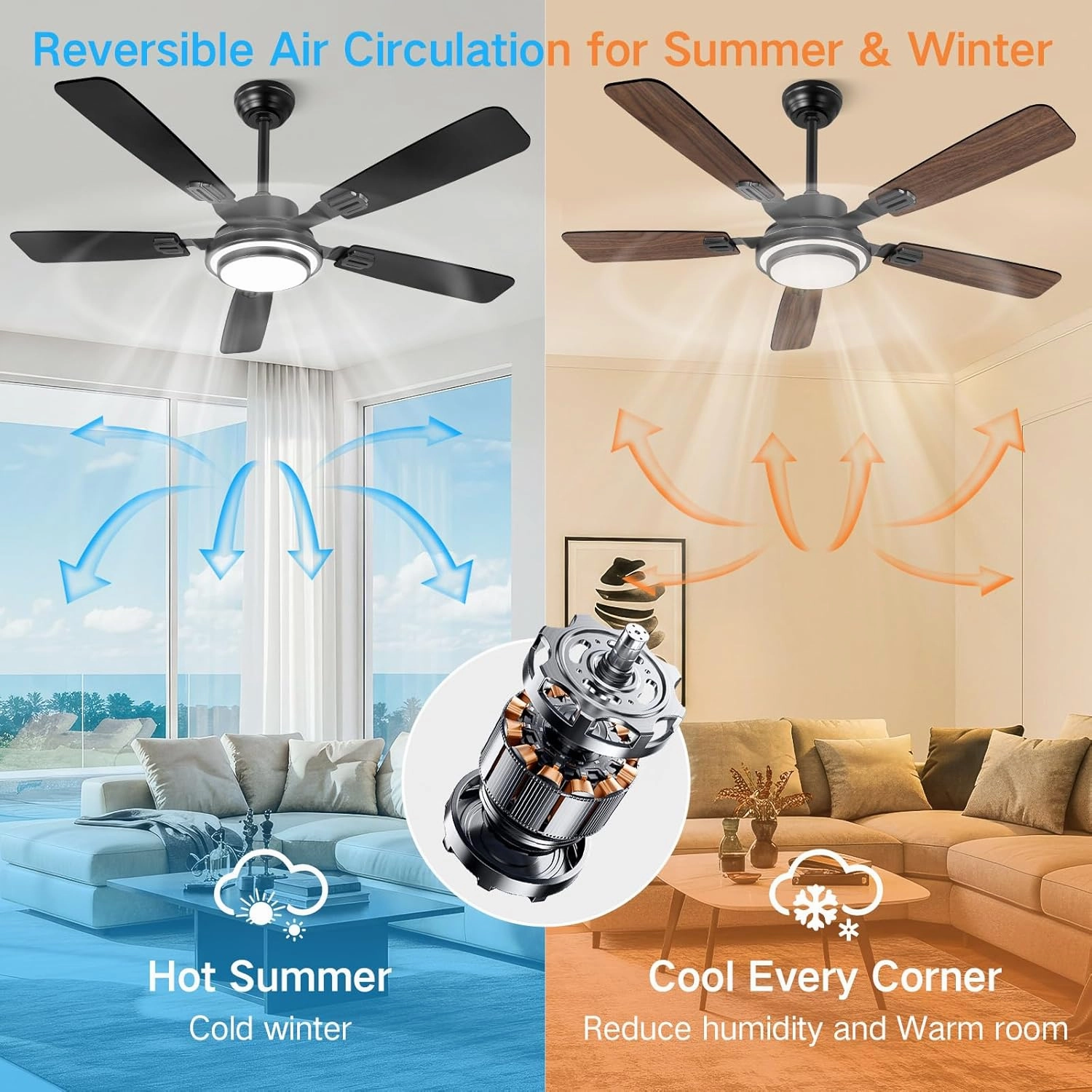 OUTON 52" Ceiling Fan with Light, Remote & APP Control, Low Profile RGB Ceiling Fans Light, Reversible, 6 Speeds, 3000-6500K Stepless Dimming, Modern Ceiling Fan for Bedroom Indoor/Outdoor Use Walnut