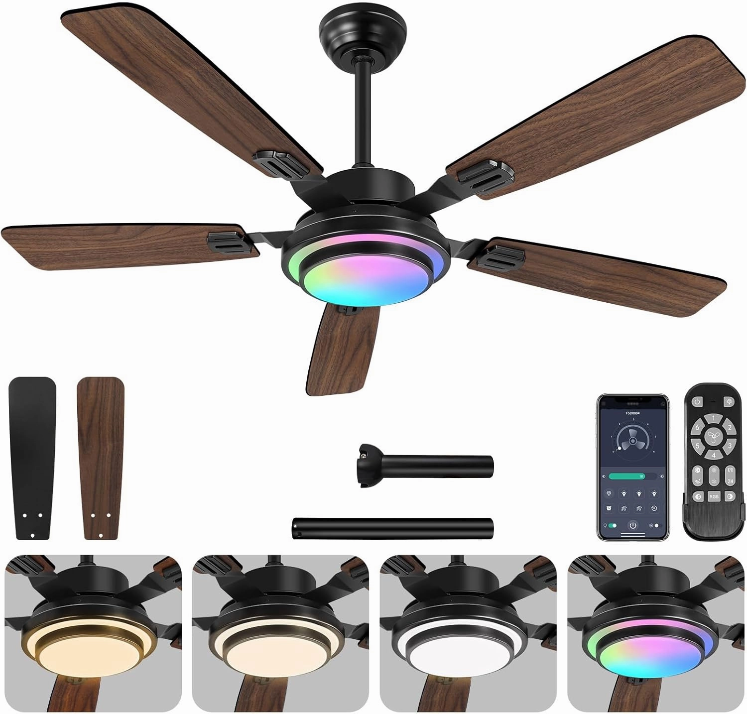 OUTON 52" Ceiling Fan with Light, Remote & APP Control, Low Profile RGB Ceiling Fans Light, Reversible, 6 Speeds, 3000-6500K Stepless Dimming, Modern Ceiling Fan for Bedroom Indoor/Outdoor Use Walnut App-controlled remote fan for convenience
