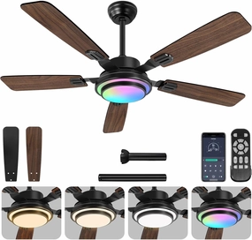 OUTON 52" Ceiling Fan with Light, Remote & APP Control, Low Profile RGB Ceiling Fans Light, Reversible, 6 Speeds, 3000-6500K Stepless Dimming, Modern Ceiling Fan for Bedroom Indoor/Outdoor Use Walnut App-controlled remote fan for convenience
