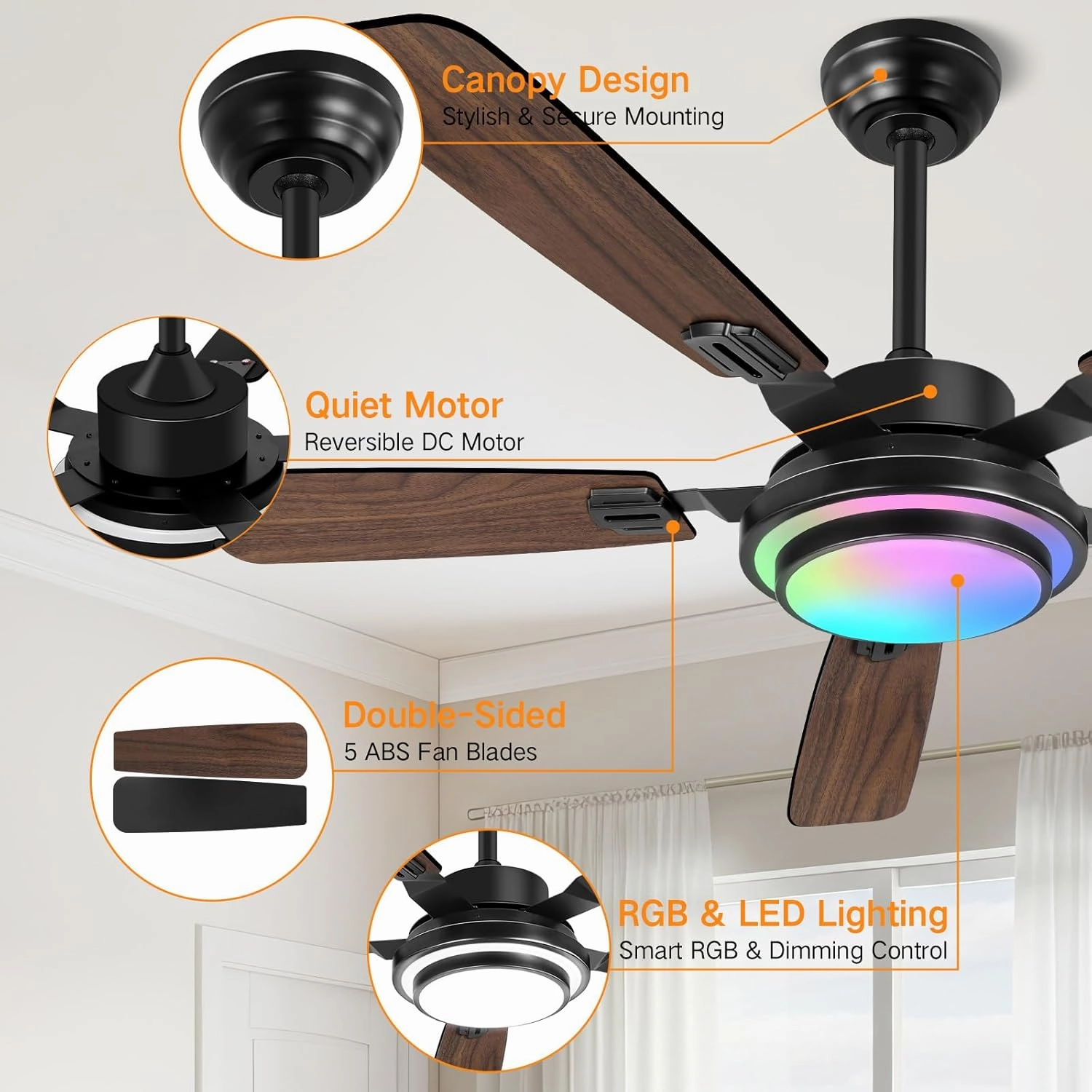 OUTON 52" Ceiling Fan with Light, Remote & APP Control, Low Profile RGB Ceiling Fans Light, Reversible, 6 Speeds, 3000-6500K Stepless Dimming, Modern Ceiling Fan for Bedroom Indoor/Outdoor Use Walnut