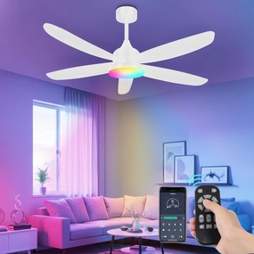 OUTON Ceiling Fan with Light, 42" White RGB Ceiling Fans with 6 Reversible Speeds, 3000-6500K Stepless Dimming, Modern Small Low Profile Ceiling Fan for Bedroom/Indoor/Outdoor App-controlled remote fan for convenience