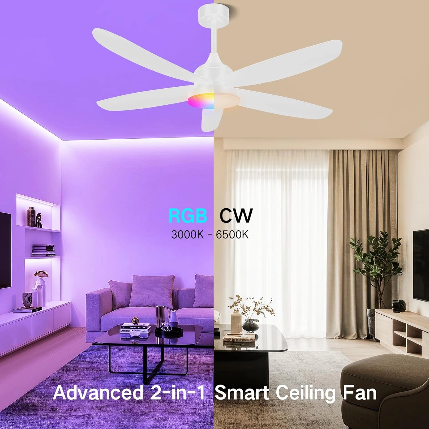 OUTON Ceiling Fan with Light, 42" White RGB Ceiling Fans with 6 Reversible Speeds, 3000-6500K Stepless Dimming, Modern Small Low Profile Ceiling Fan for Bedroom/Indoor/Outdoor