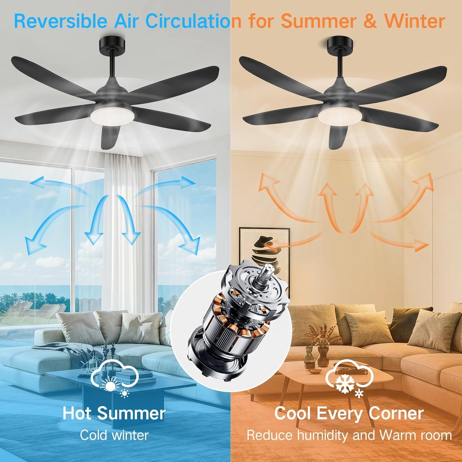 OUTON Ceiling Fan with Light, Remote & APP Control, 42" Black RGB Ceiling Fans with 6 Reversible Speeds, 3000-6500K Stepless Dimming, Modern Small Low Profile Ceiling Fan for Bedroom/Indoor/Outdoor