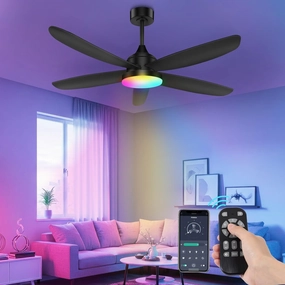 OUTON Ceiling Fan with Light, Remote & APP Control, 42" Black RGB Ceiling Fans with 6 Reversible Speeds, 3000-6500K Stepless Dimming, Modern Small Low Profile Ceiling Fan for Bedroom/Indoor/Outdoor App-controlled remote fan for convenience
