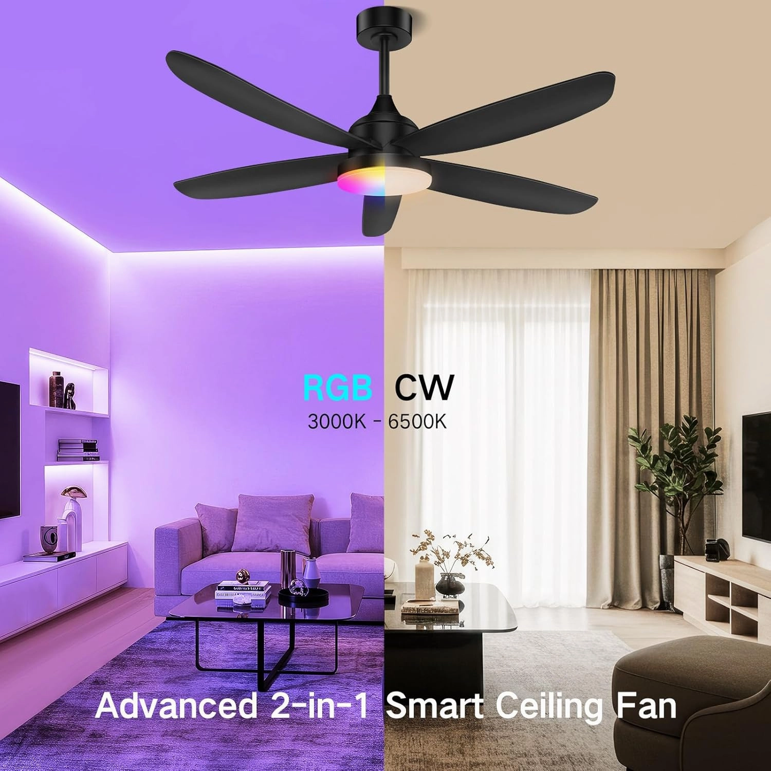 OUTON Ceiling Fan with Light, Remote & APP Control, 42" Black RGB Ceiling Fans with 6 Reversible Speeds, 3000-6500K Stepless Dimming, Modern Small Low Profile Ceiling Fan for Bedroom/Indoor/Outdoor