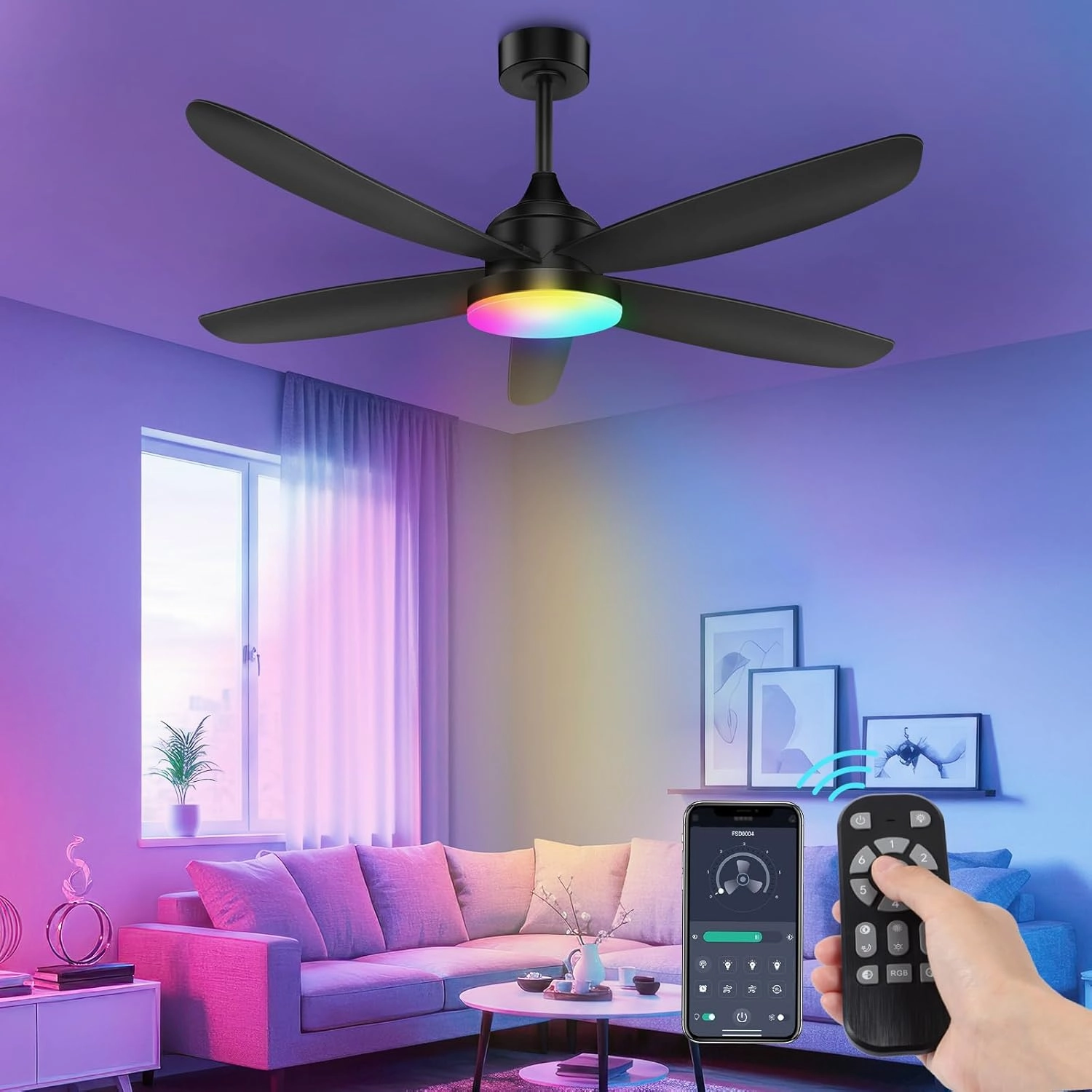 OUTON Ceiling Fan with Light, Remote & APP Control, 42" Black RGB Ceiling Fans with 6 Reversible Speeds, 3000-6500K Stepless Dimming, Modern Small Low Profile Ceiling Fan for Bedroom/Indoor/Outdoor App-controlled remote fan for convenience