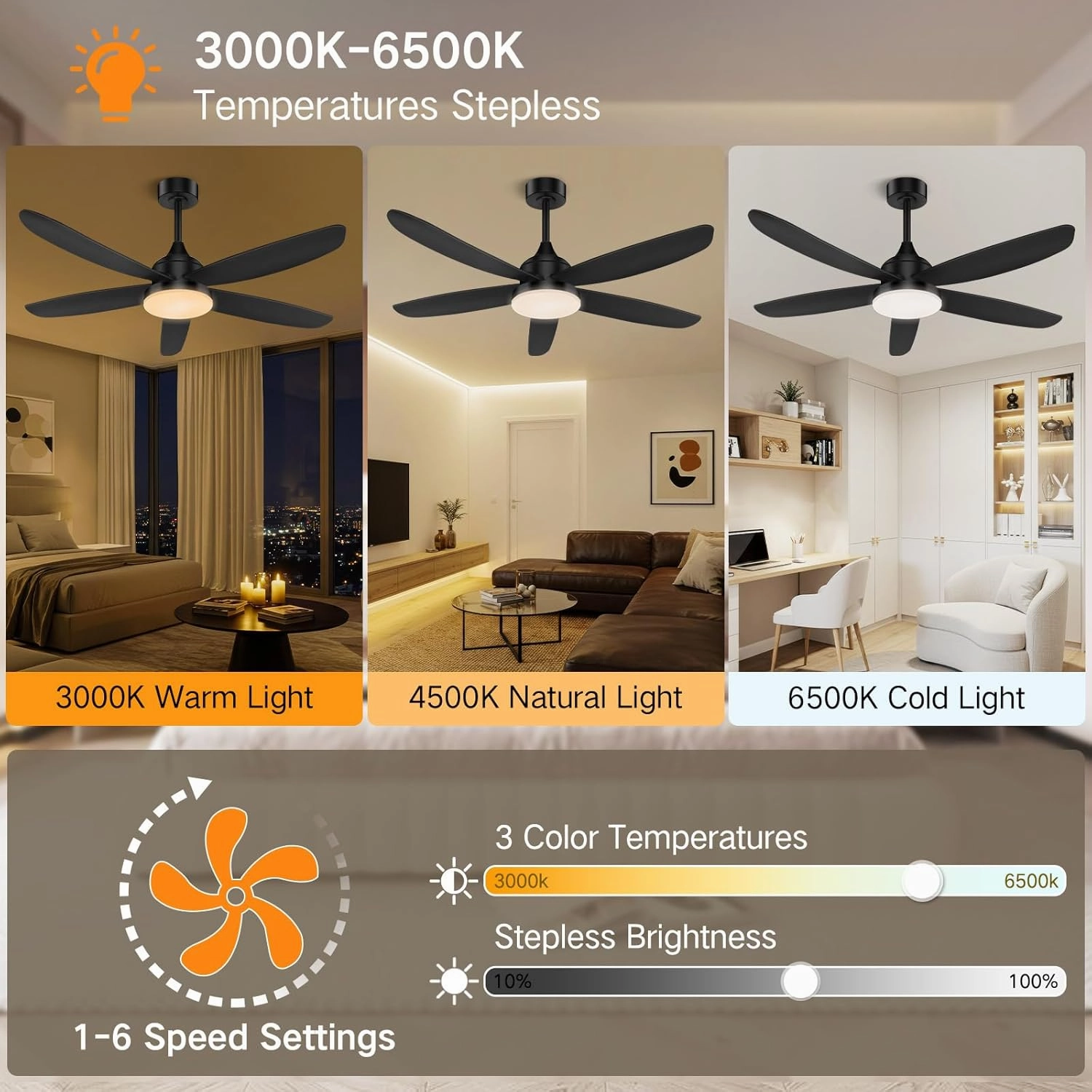 OUTON Ceiling Fan with Light, Remote & APP Control, 42" Black RGB Ceiling Fans with 6 Reversible Speeds, 3000-6500K Stepless Dimming, Modern Small Low Profile Ceiling Fan for Bedroom/Indoor/Outdoor