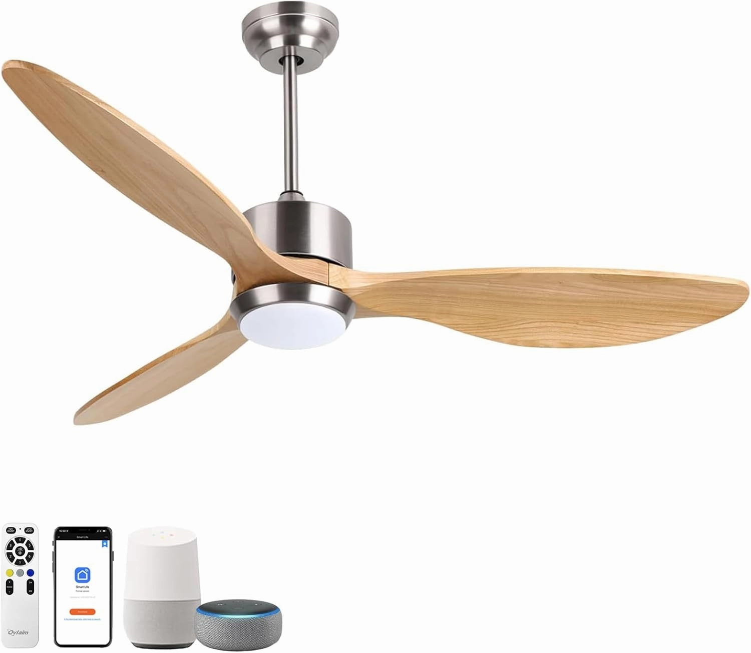 Ovlaim 52 Inch Wood Ceiling Fans with Lights Remote Control, 6 Speed Quiet DC Motor 3 Blade Smart Ceiling Fan, Indoor Living Room Bedroom Ceiling Fan App-controlled remote fan for convenience