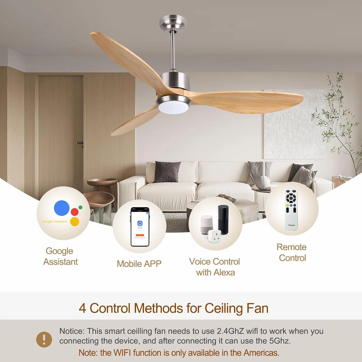 Ovlaim 52 Inch Wood Ceiling Fans with Lights Remote Control, 6 Speed Quiet DC Motor 3 Blade Smart Ceiling Fan, Indoor Living Room Bedroom Ceiling Fan