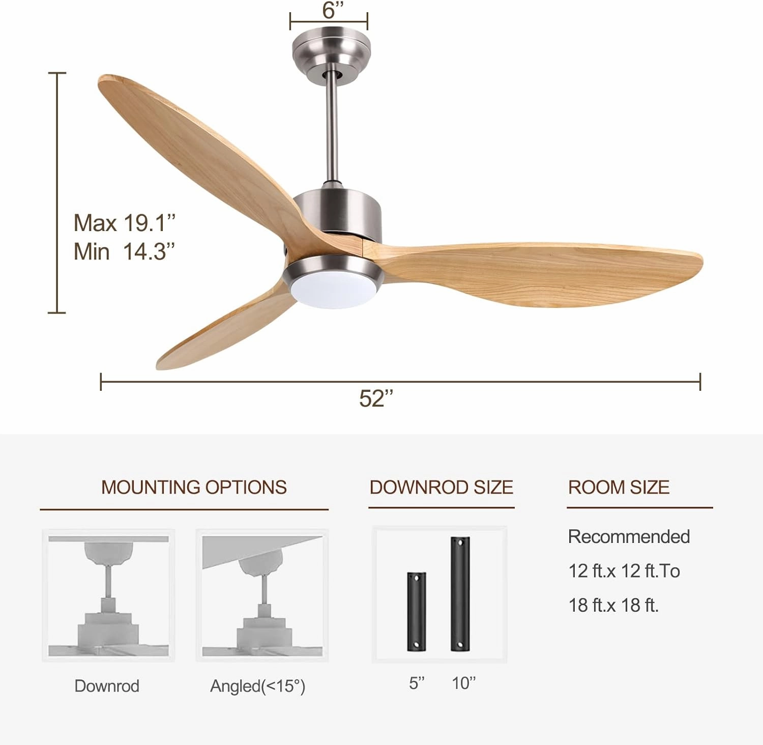 Ovlaim 52 Inch Wood Ceiling Fans with Lights Remote Control, 6 Speed Quiet DC Motor 3 Blade Smart Ceiling Fan, Indoor Living Room Bedroom Ceiling Fan