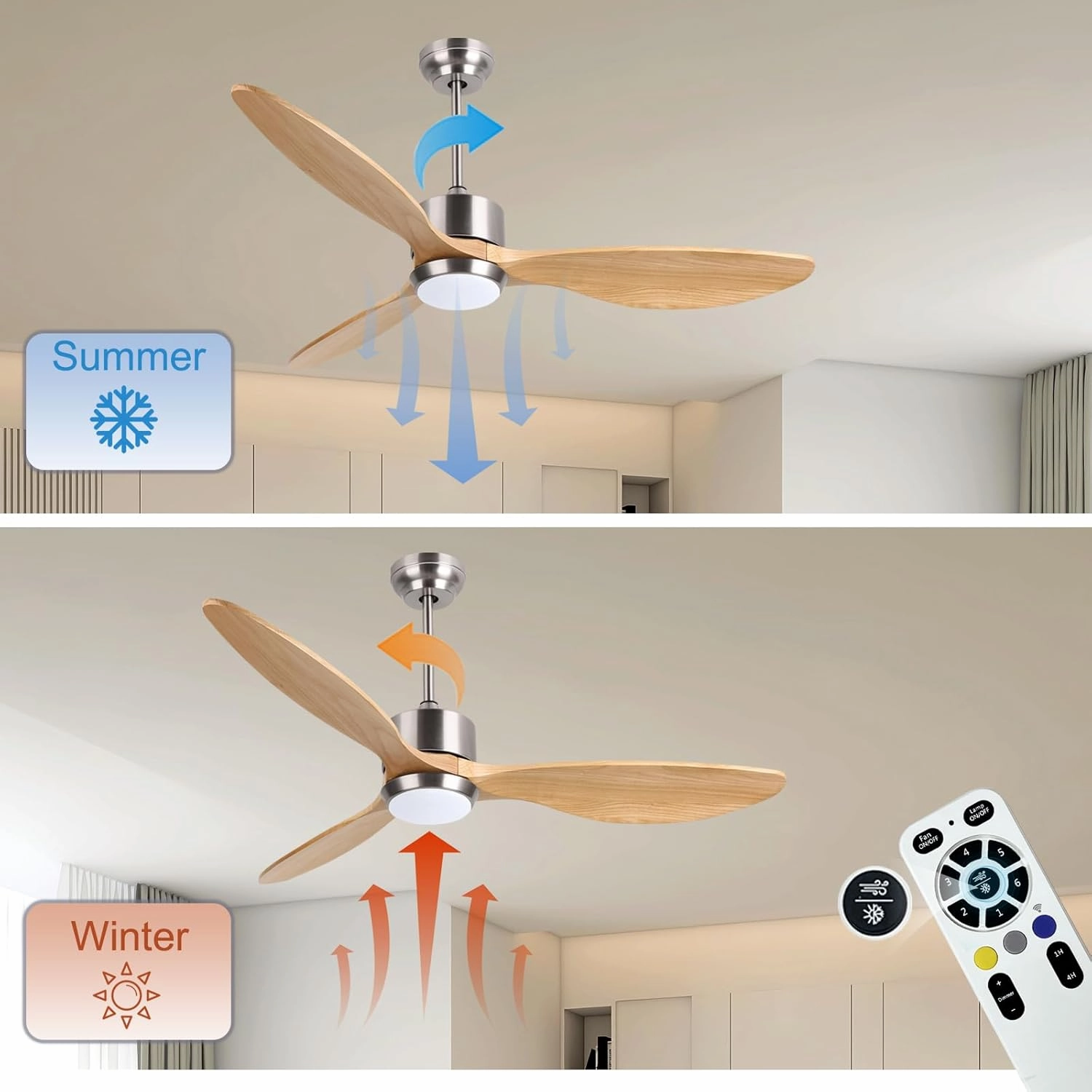 Ovlaim 52 Inch Wood Ceiling Fans with Lights Remote Control, 6 Speed Quiet DC Motor 3 Blade Smart Ceiling Fan, Indoor Living Room Bedroom Ceiling Fan