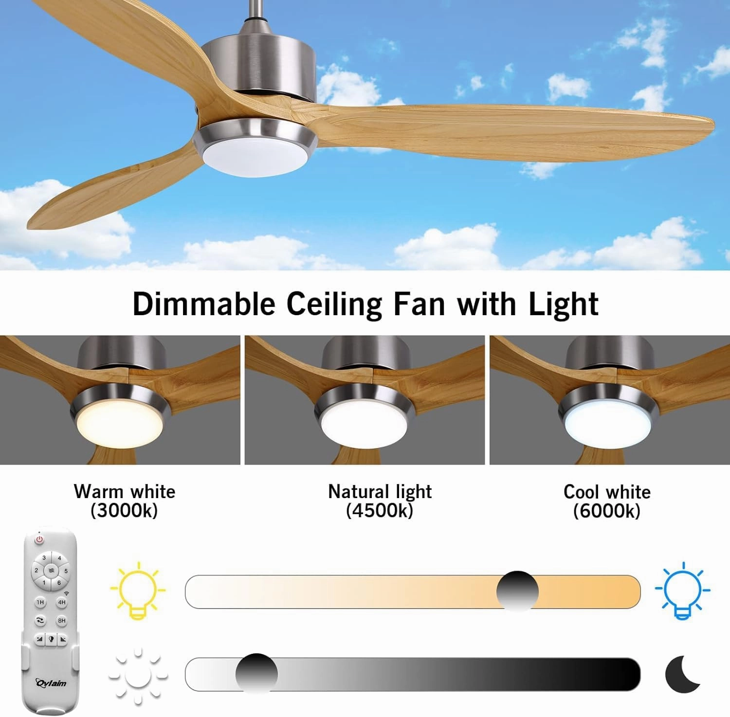Ovlaim 60 inch Smart Ceiling Fan with Light Remote Control, Dimmable Led Quiet DC Motor Wood Ceiling Fan for Living Room, Bedroom, Patio, Farmhouse