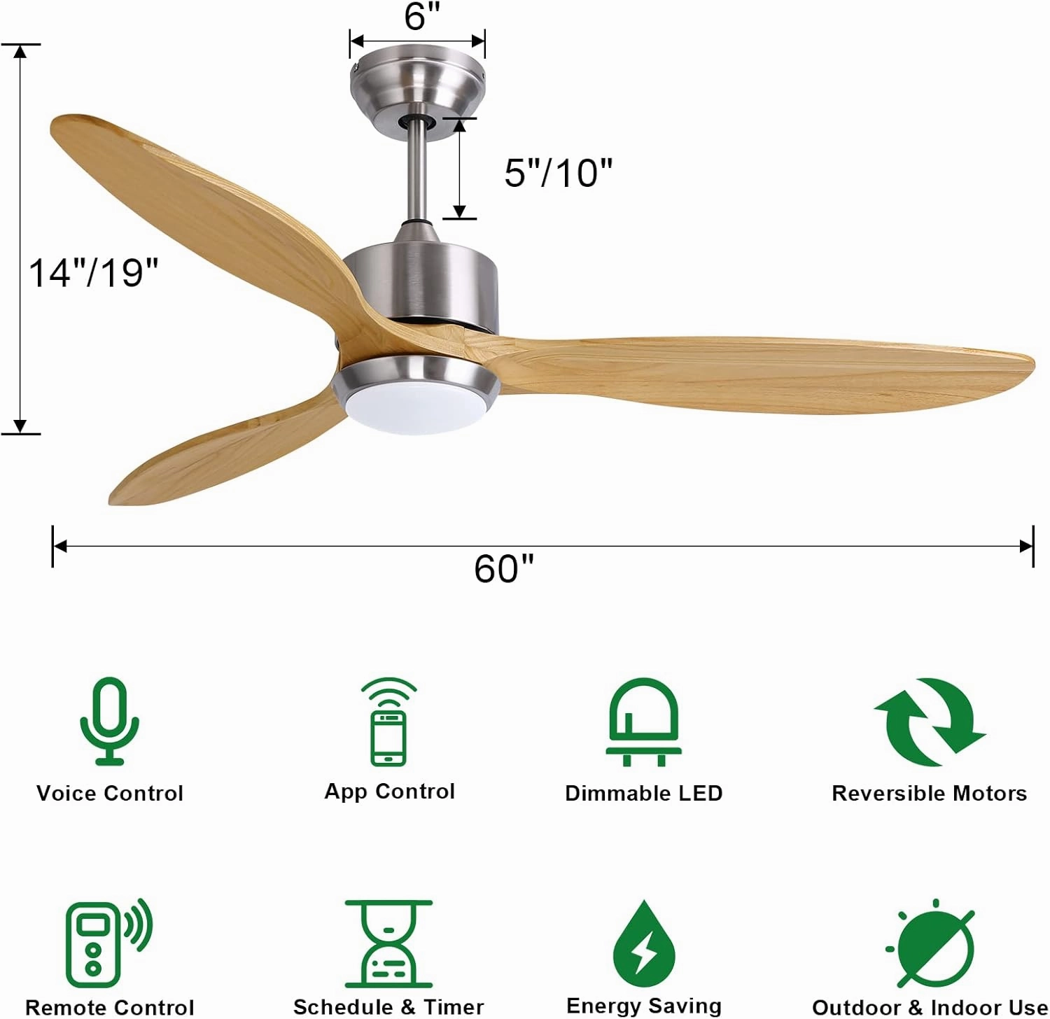 Ovlaim 60 inch Smart Ceiling Fan with Light Remote Control, Dimmable Led Quiet DC Motor Wood Ceiling Fan for Living Room, Bedroom, Patio, Farmhouse