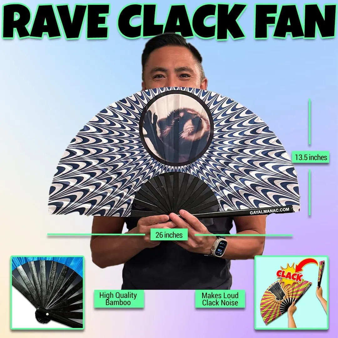 PandaTak Gay Pride Folding Hand Fans, Funny Large 13"" Bamboo Fan with UV Reactive Ink, for LGBTQ Circuit Parties EDM Festivals and Raves (Pedro Raccoon)