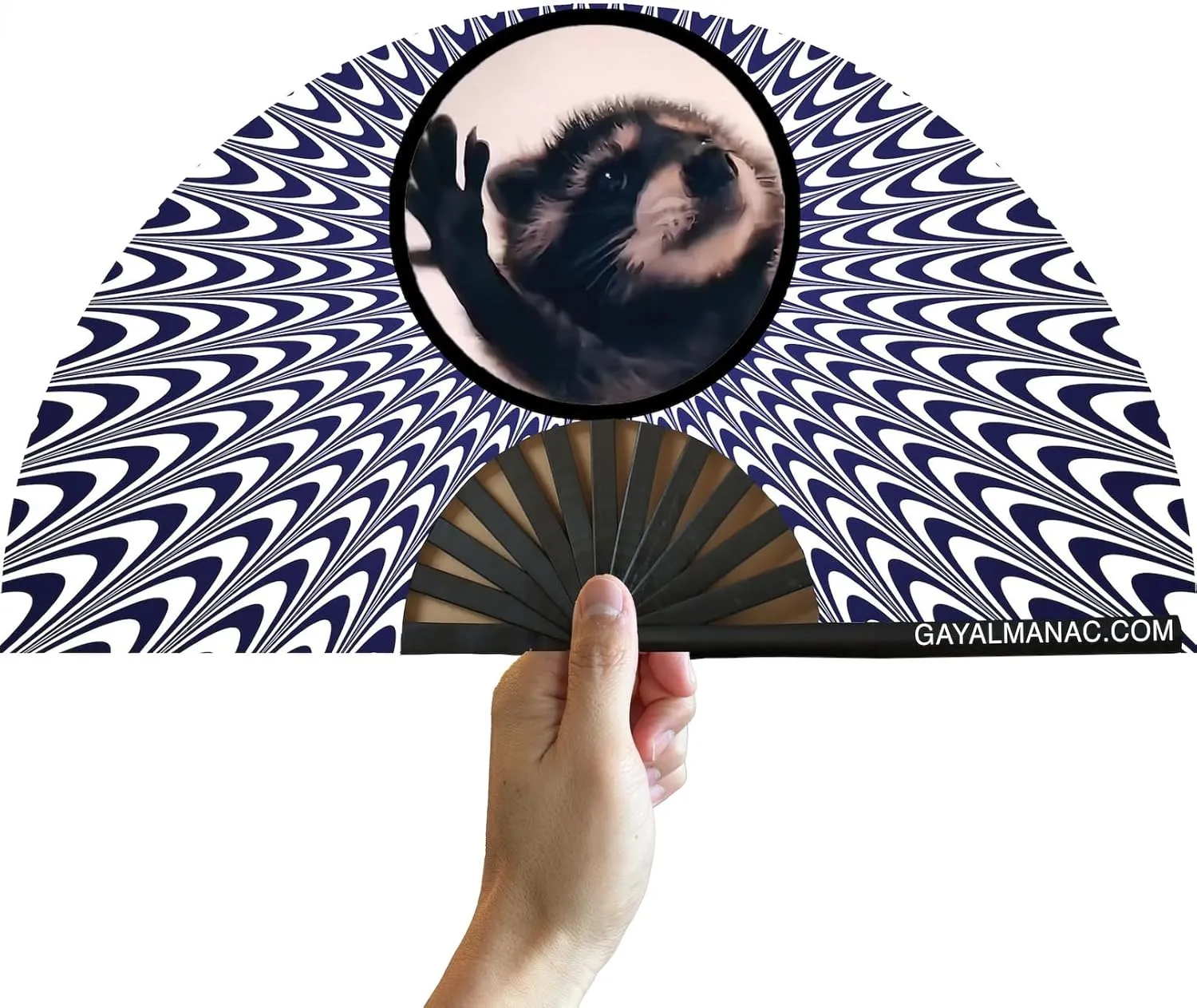 PandaTak Gay Pride Folding Hand Fans, Funny Large 13"" Bamboo Fan with UV Reactive Ink, for LGBTQ Circuit Parties EDM Festivals and Raves (Pedro Raccoon)