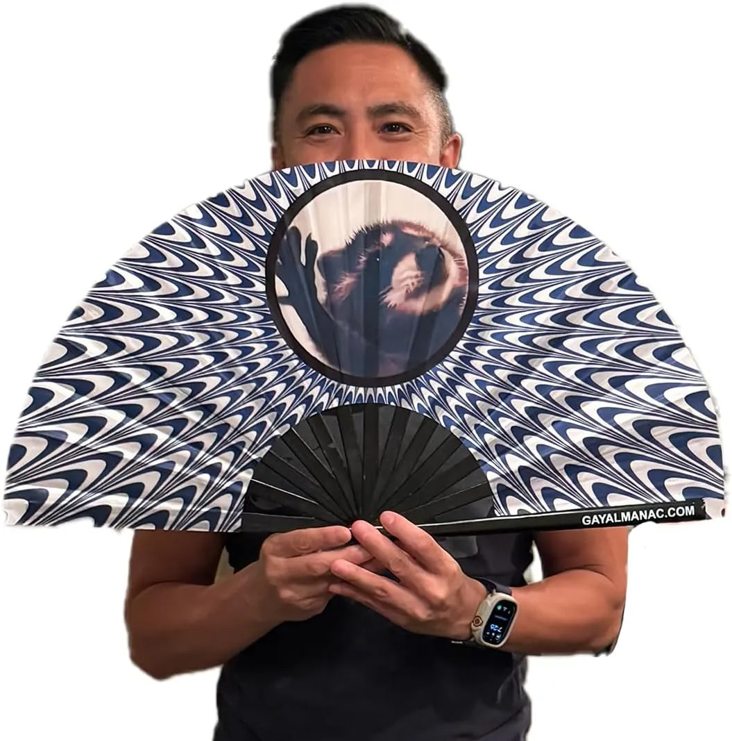 PandaTak Gay Pride Folding Hand Fans, Funny Large 13"" Bamboo Fan with UV Reactive Ink, for LGBTQ Circuit Parties EDM Festivals and Raves (Pedro Raccoon) Octopus-shaped decorative fan