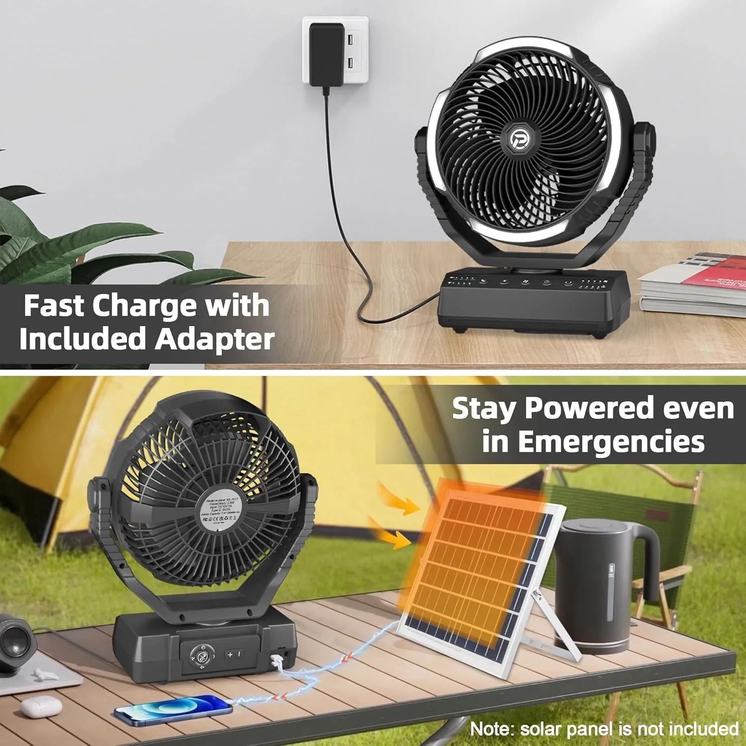 PANERGY Camping Fan with Light - 20000mAh Rechargeable Battery Fan with Charger, 70Hrs Cooling Time, 4 Speeds, 110 Auto Oscillation & 270 Pivot Design with Hook for Camping/Power Outage/Hurricane
