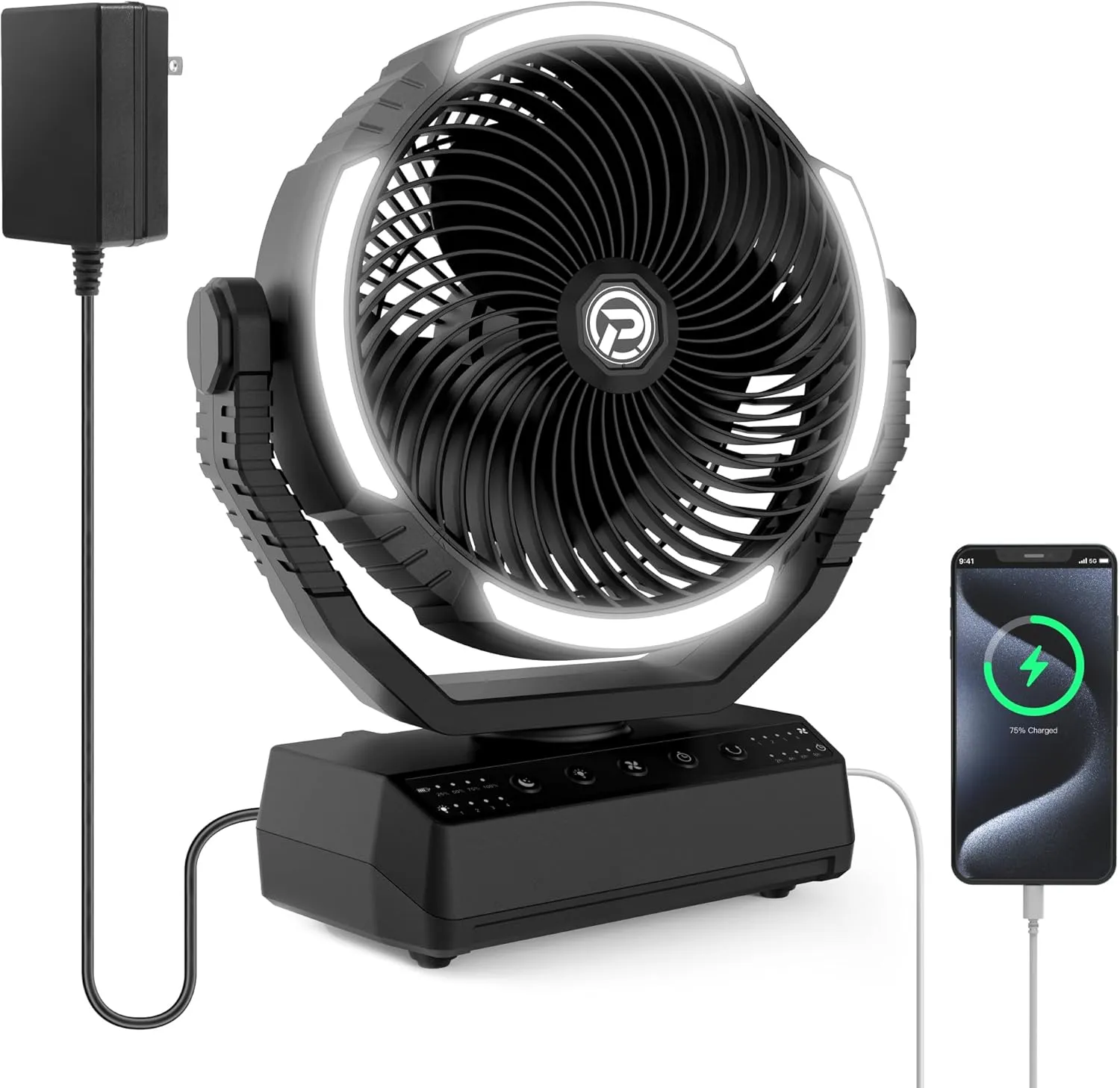 PANERGY Camping Fan with Light - 20000mAh Rechargeable Battery Fan with Charger, 70Hrs Cooling Time, 4 Speeds, 110 Auto Oscillation & 270 Pivot Design with Hook for Camping/Power Outage/Hurricane Solar-powered car fan for ventilation
