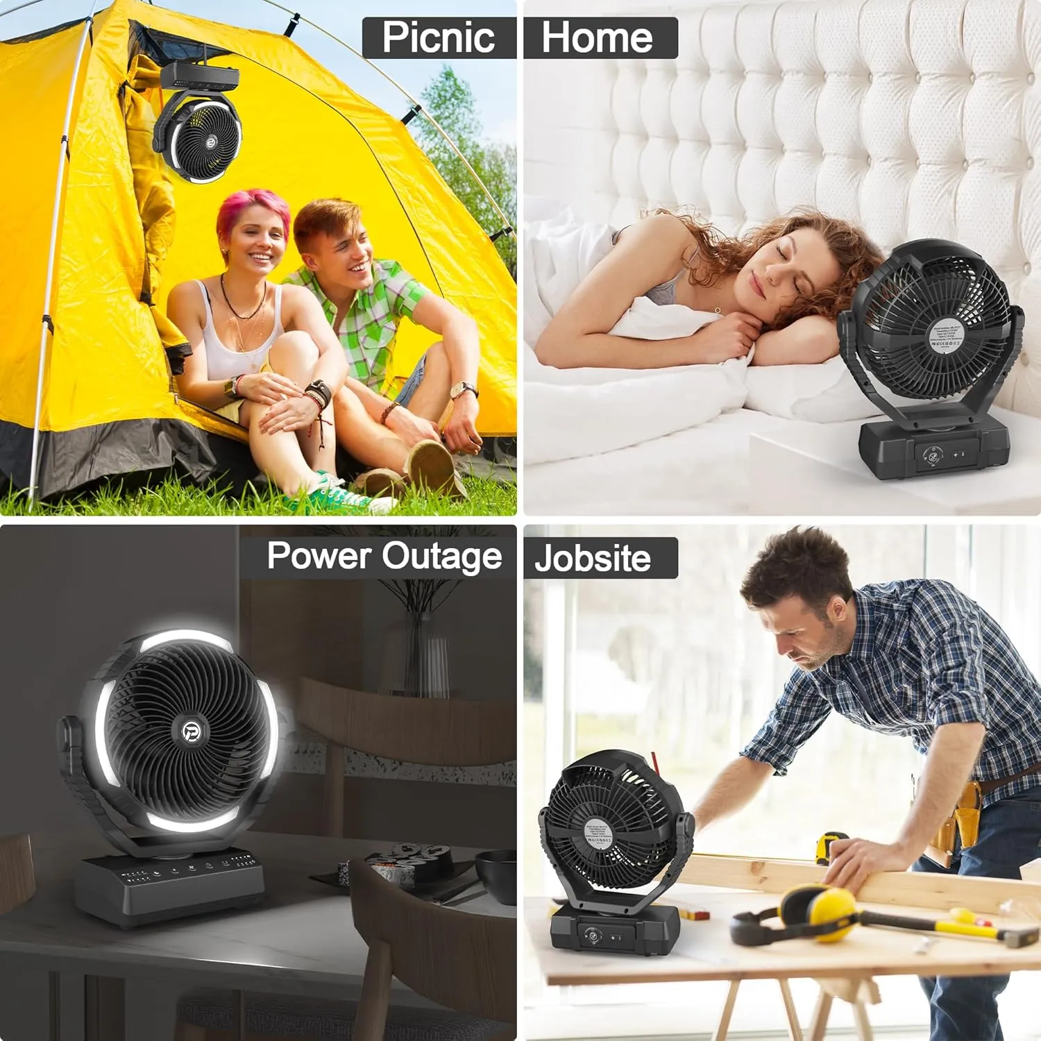 PANERGY Camping Fan with Light - 20000mAh Rechargeable Battery Fan with Charger, 70Hrs Cooling Time, 4 Speeds, 110 Auto Oscillation & 270 Pivot Design with Hook for Camping/Power Outage/Hurricane