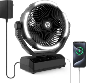 PANERGY Camping Fan with Light - 20000mAh Rechargeable Battery Fan with Charger, 70Hrs Cooling Time, 4 Speeds, 110 Auto Oscillation & 270 Pivot Design with Hook for Camping/Power Outage/Hurricane Solar-powered car fan for ventilation