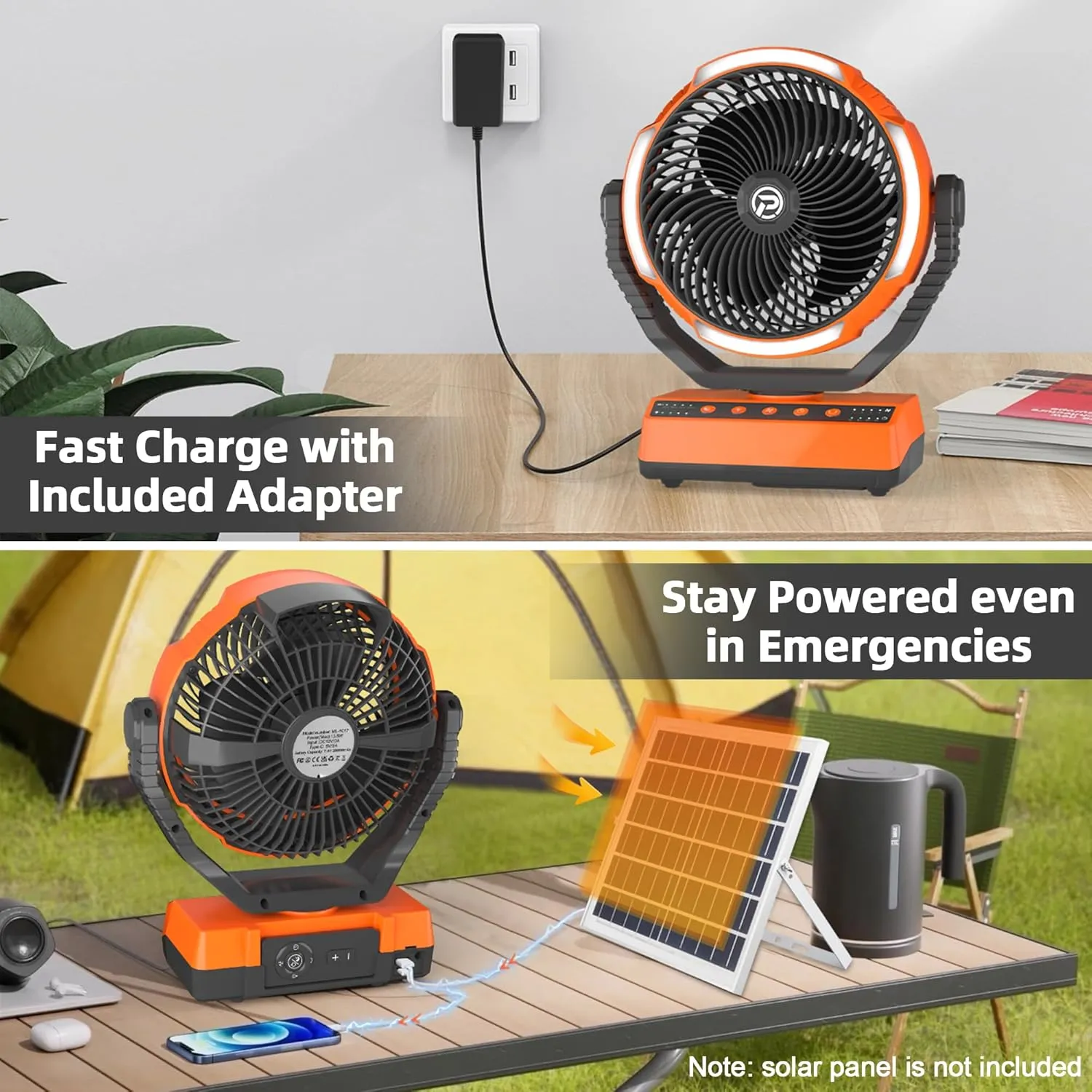 PANERGY Camping Fan with Light - 20000mAh Rechargeable Battery Fan with Charger, 70Hrs Cooling Time, 4 Speeds, 110 Auto Oscillation & 270 Pivot Design with Hook for Camping/Power Outage/Hurricane