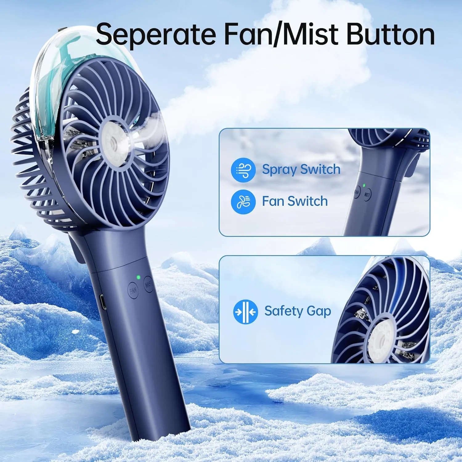PANERGY Handheld Misting Fan  Rechargeable Battery Operated,Handheld Personal Fan with Mist Spray, Electric Hand Fans, 180 Foldable Mister Fans for Travel, Camping, Disney, Concerts, Office(Blue)