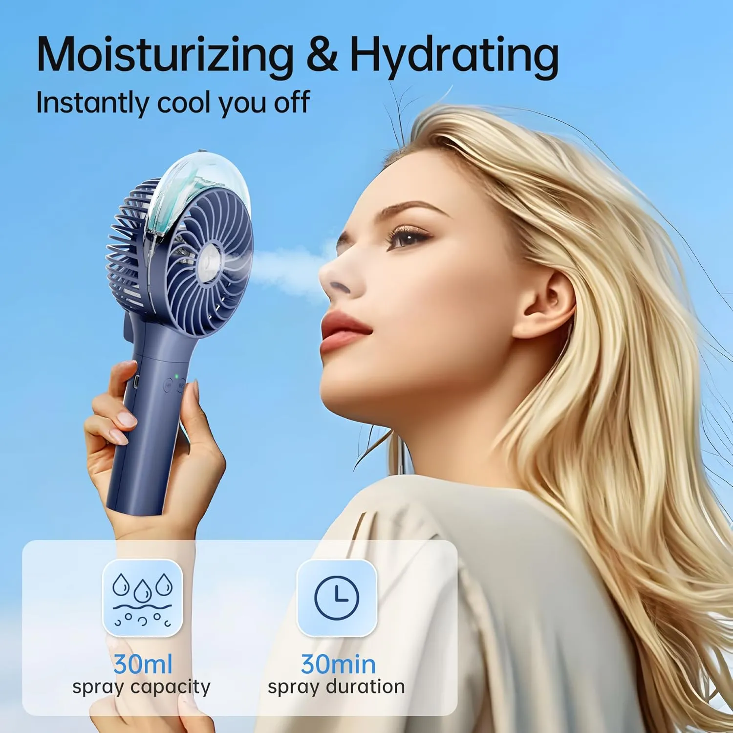 PANERGY Handheld Misting Fan  Rechargeable Battery Operated,Handheld Personal Fan with Mist Spray, Electric Hand Fans, 180 Foldable Mister Fans for Travel, Camping, Disney, Concerts, Office(Blue)