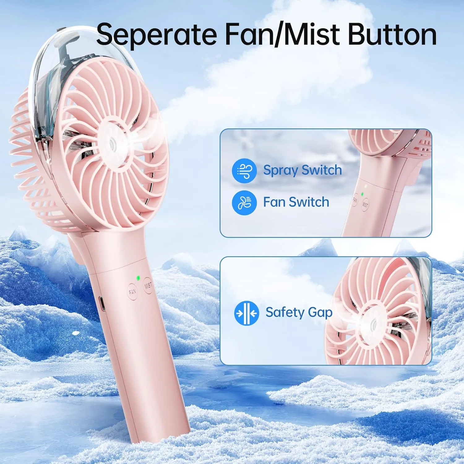 PANERGY Handheld Misting Fan  Rechargeable Battery Operated,Handheld Personal Fan with Mist Spray, Electric Hand Fans, 180 Foldable Mister Fans for Travel, Camping, Disney, Concerts, Office(Pink)