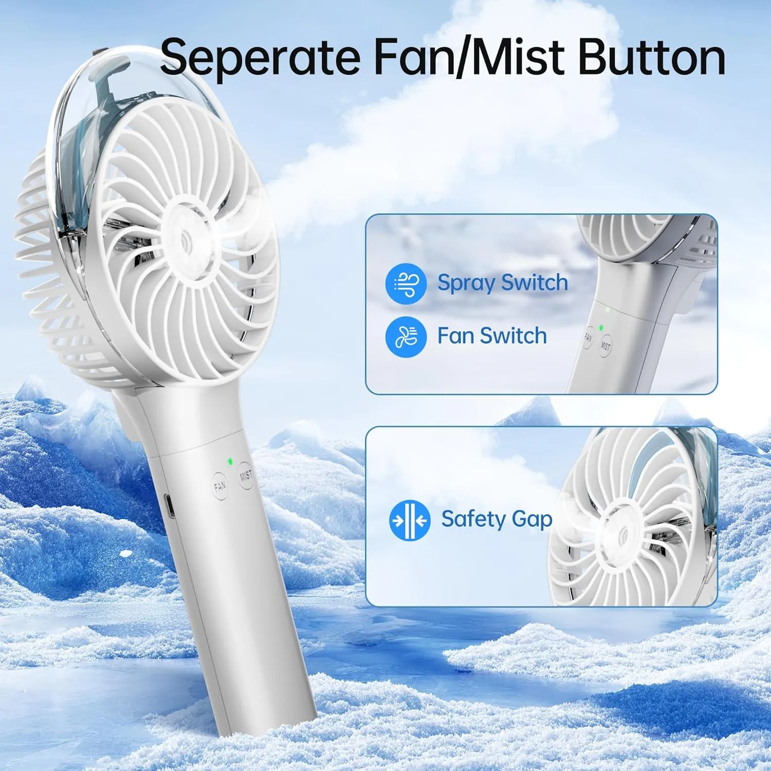 PANERGY Handheld Misting Fan  Rechargeable Battery Operated,Handheld Personal Fan with Mist Spray, Electric Hand Fans, 180 Foldable Mister Fans for Travel, Camping, Disney, Concerts, Office(White)
